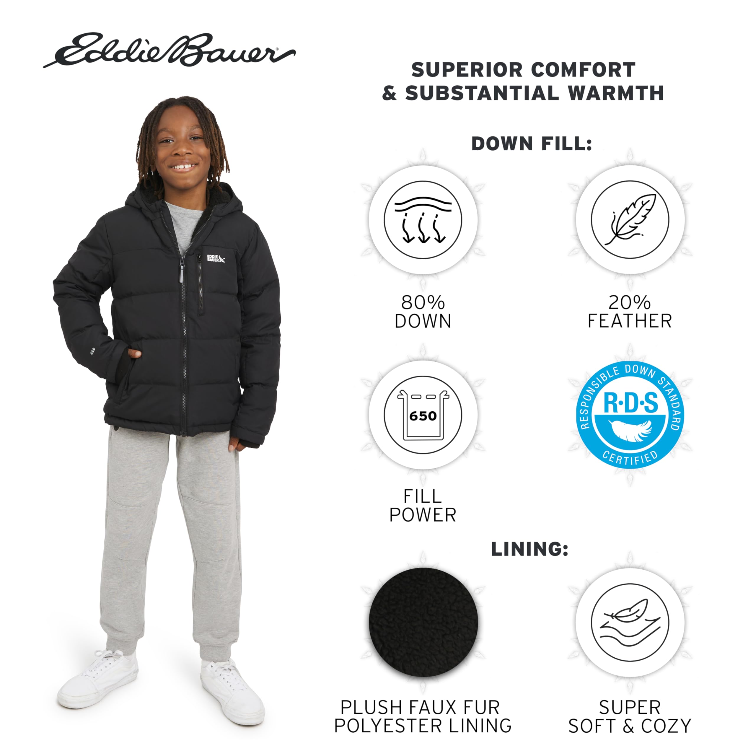 Eddie Bauer Jungen Classic Heavyweight Faux Fur Lined Hooded Insulated Down Jacket Jacke (1er Pack)