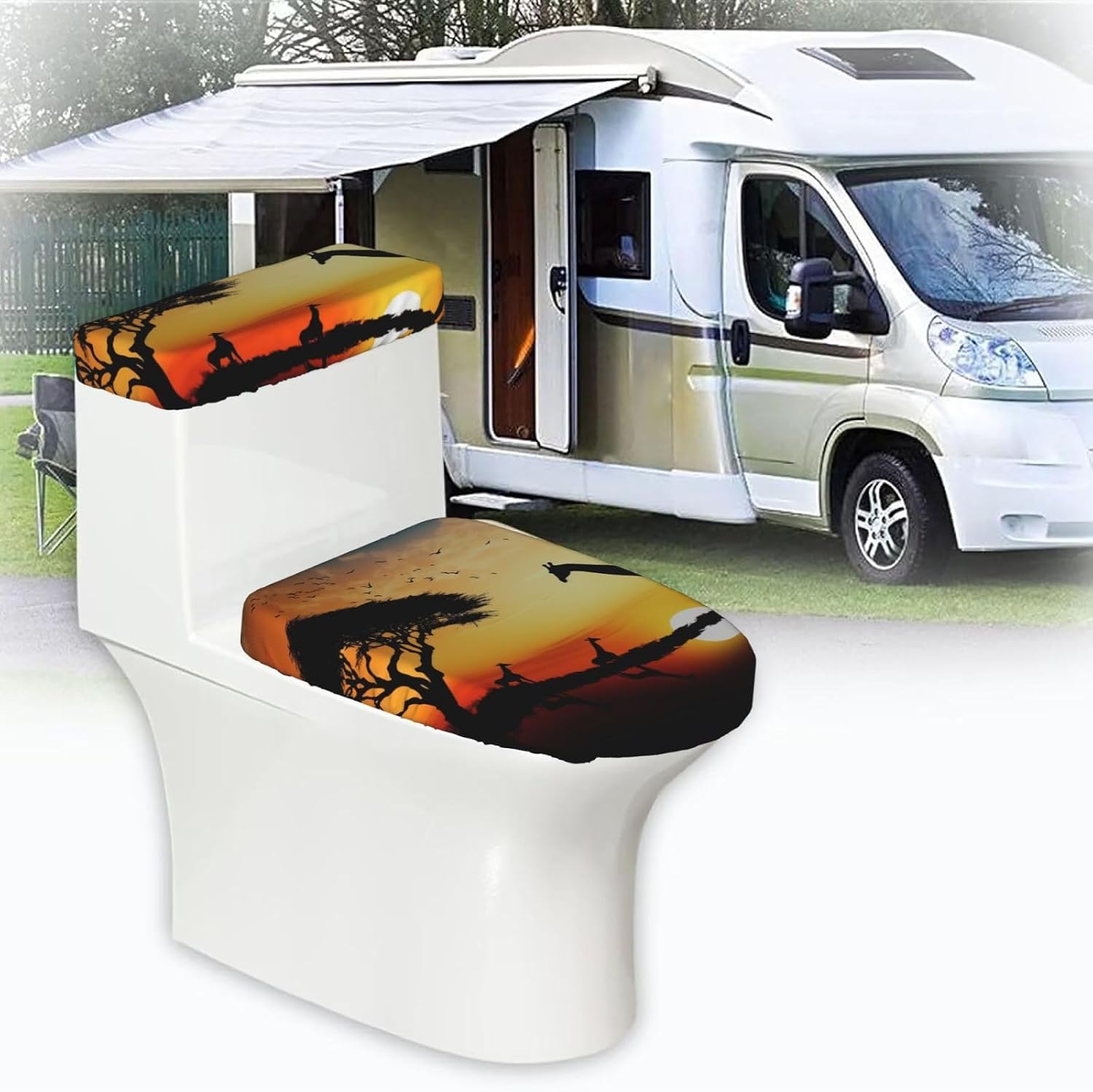 Giraffe Sunset Toilet Tank Cover And Toilet Lid Cover Set Stretch Bathroom Toilet Lid Seat Cover