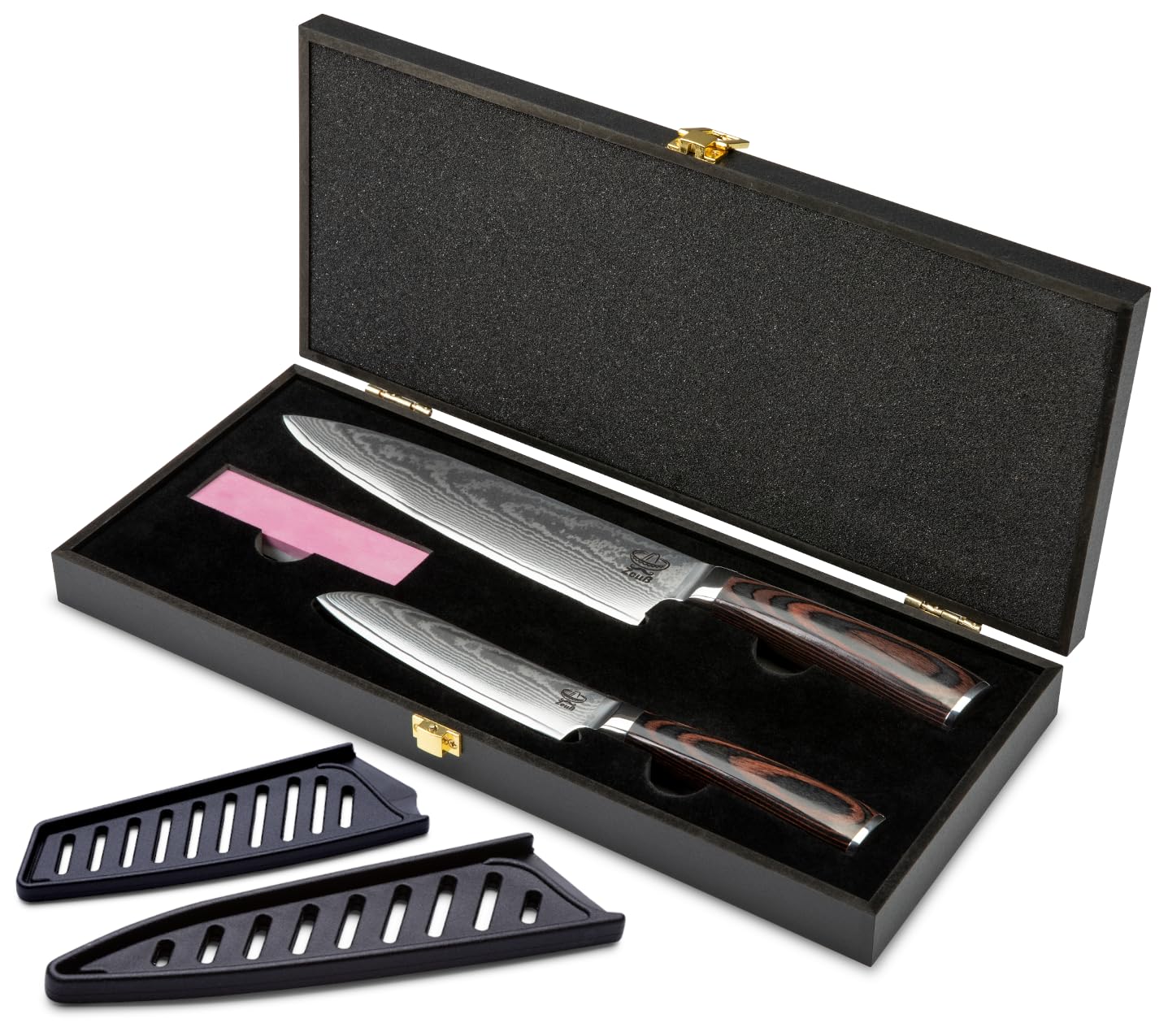 Set di 2 coltelli damascati (32 cm e 24 cm) certificati 62 HRC in acciaio damascato a 67 strati, set di coltelli da cucina damascato con coltello da chef, coltello Santoku, pietra abrasiva