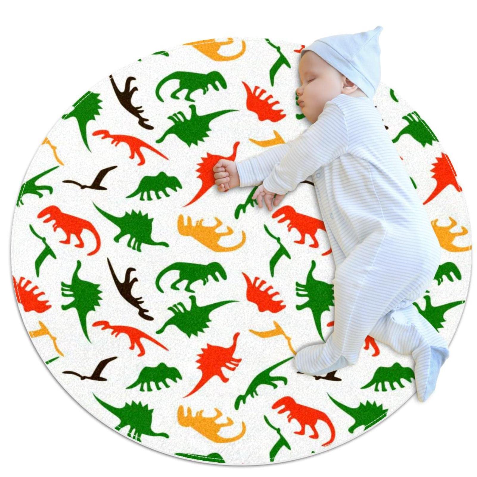 Tapis motifs de dinosaures antidérapant tapis rond 100cm chambre enfant et salon JDEZ vert