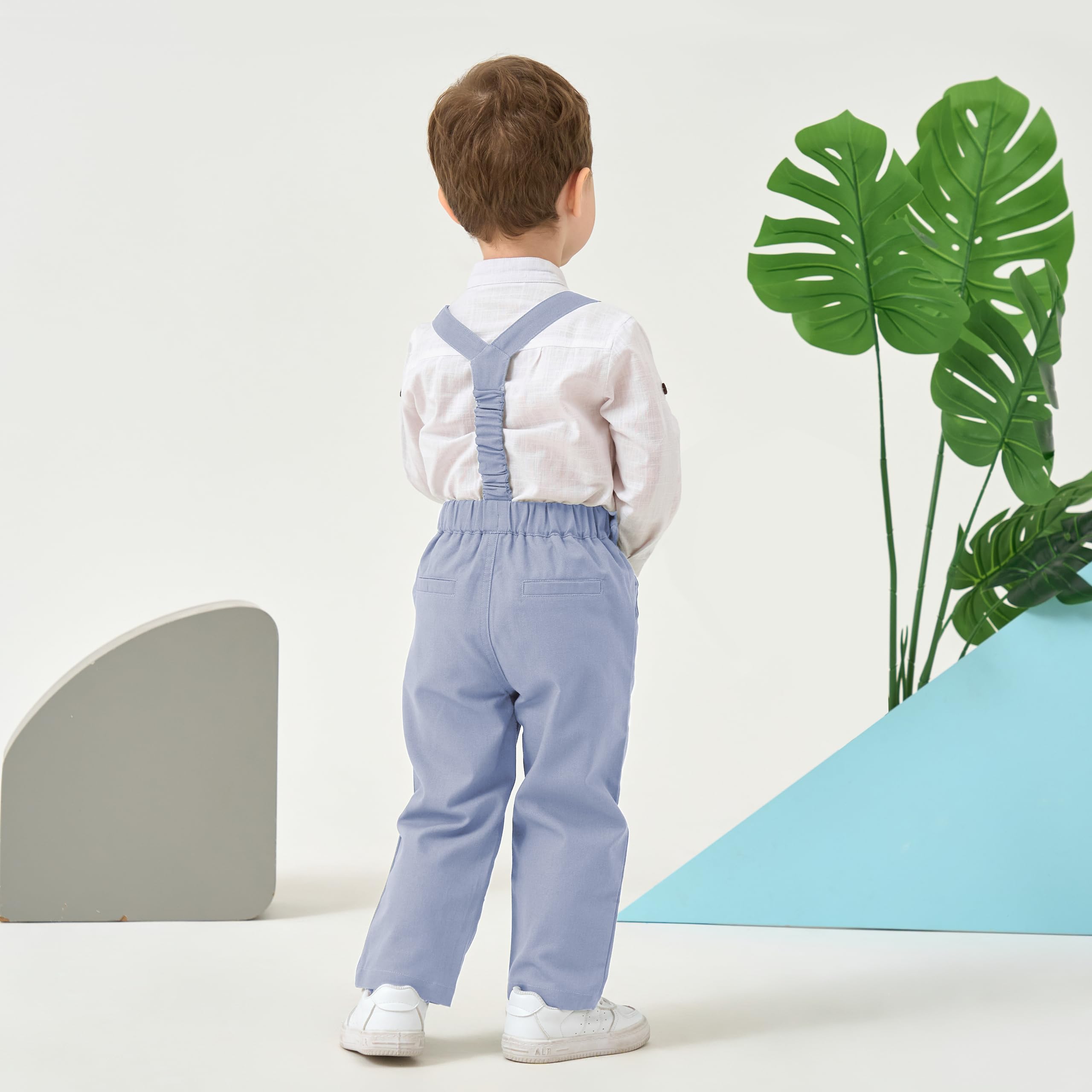 Volunboy Completo Elegante Bambino, Lino Ragazzo Henley Camicie Fiocco e Bretelle Pantaloni 4 Pezzi Cerimonia Nozze Abbigliamento