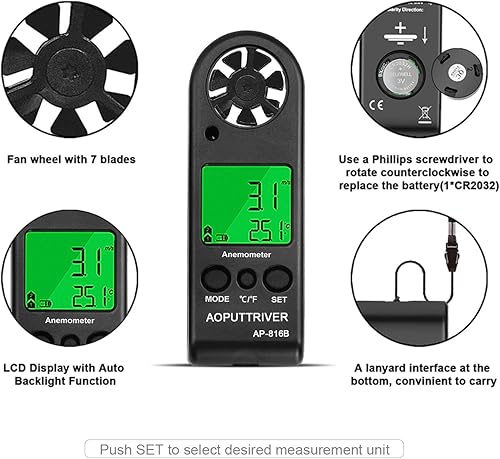 Miniatura 3 de Anemómetro Medidor de velocidad de viento de mano para medir la velocidad del viento temperatura y máximamediacorriente, medición de anemómetro de