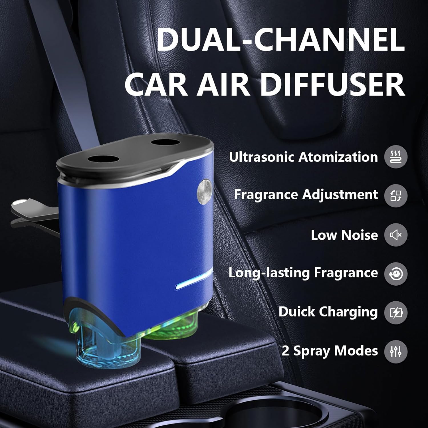 Smart Car Air Fresheners Diffuser with 4pcs Essential Oils, Automotive Scent Dispenser Rechargeable Aromatherapy Diffuser Vent Clip for Cars, 3 Adjustable Modes (Blue) - Image 2