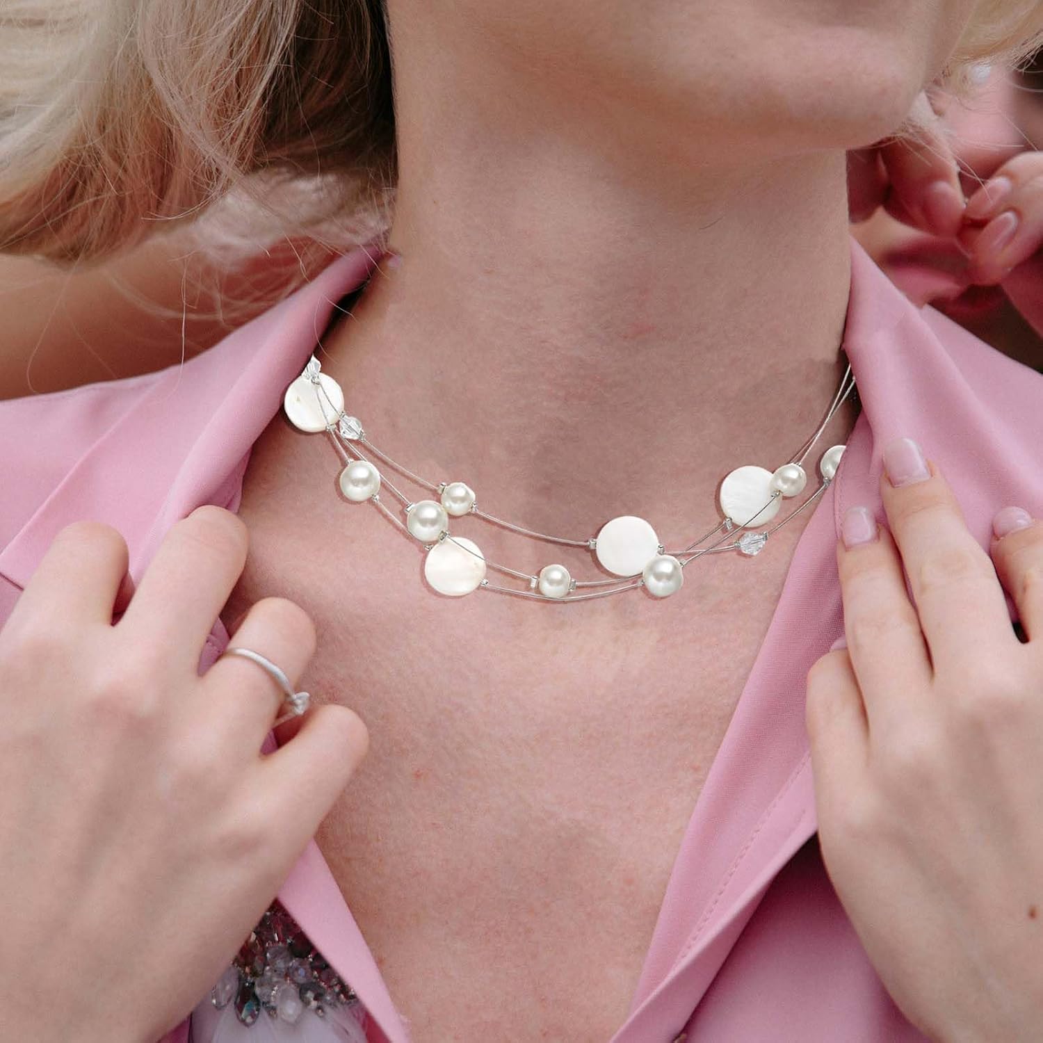 Layered Shell Necklaces for Women Stacked Pearl Necklaces Statement Charm Necklace Stainless Steel Boho Necklaces for Women