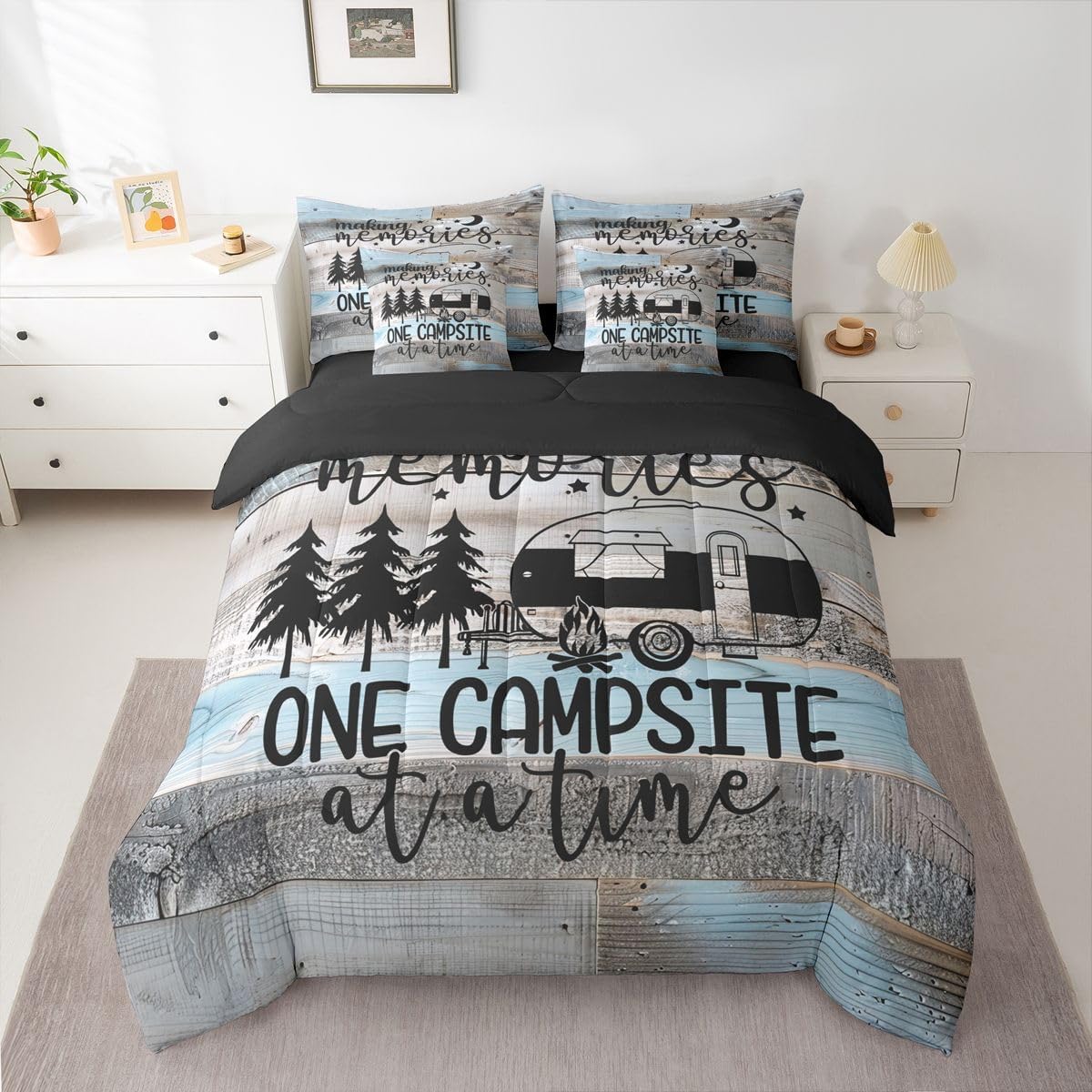 Erosebridal 7 Piece Twin Comforter Set with 2 Pillowcases, RV Camper Bedding Set for Kids Teens Adult Room Retro Wood Camp Camper Bed in a Bag with Flat Sheet, Fitted Sheet Rustic Farmhouse Decor