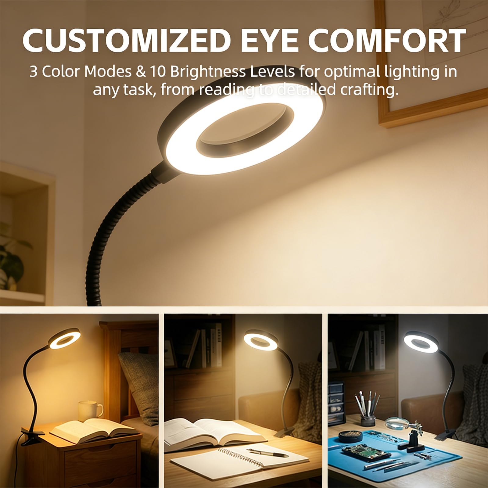 Sunny Power Lámpara de escritorio, [3 modos de color y 10 brillo] Luz de lectura LED con abrazadera, luz de libro de brazo flexible de silicona para niños, libro de lectura en la cama por la noche