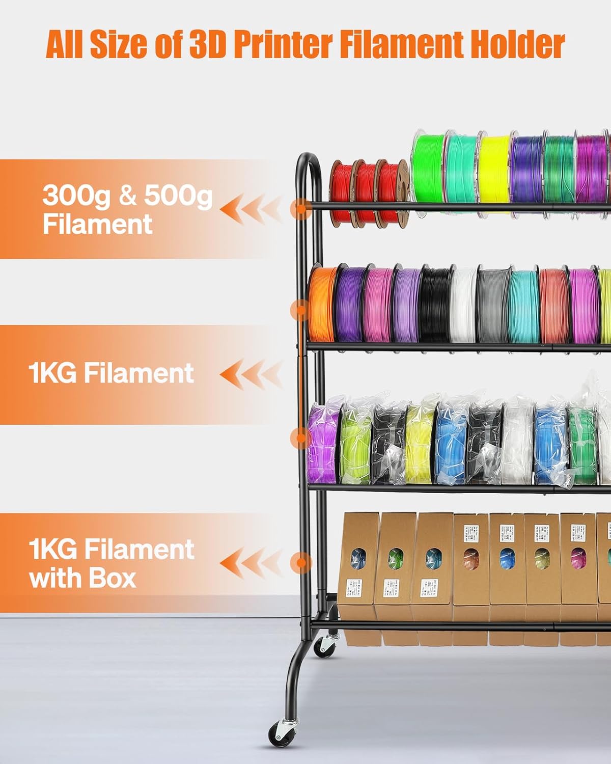 3D Printer Filament Storage Rack - 4 Tier Rolling Filament Spool Holders Racks with Wheels, Heavy Duty Metal Shelf for PLA/ABS/TPU, Filaments Organzied for 3D Printing Studio, Office Workshop