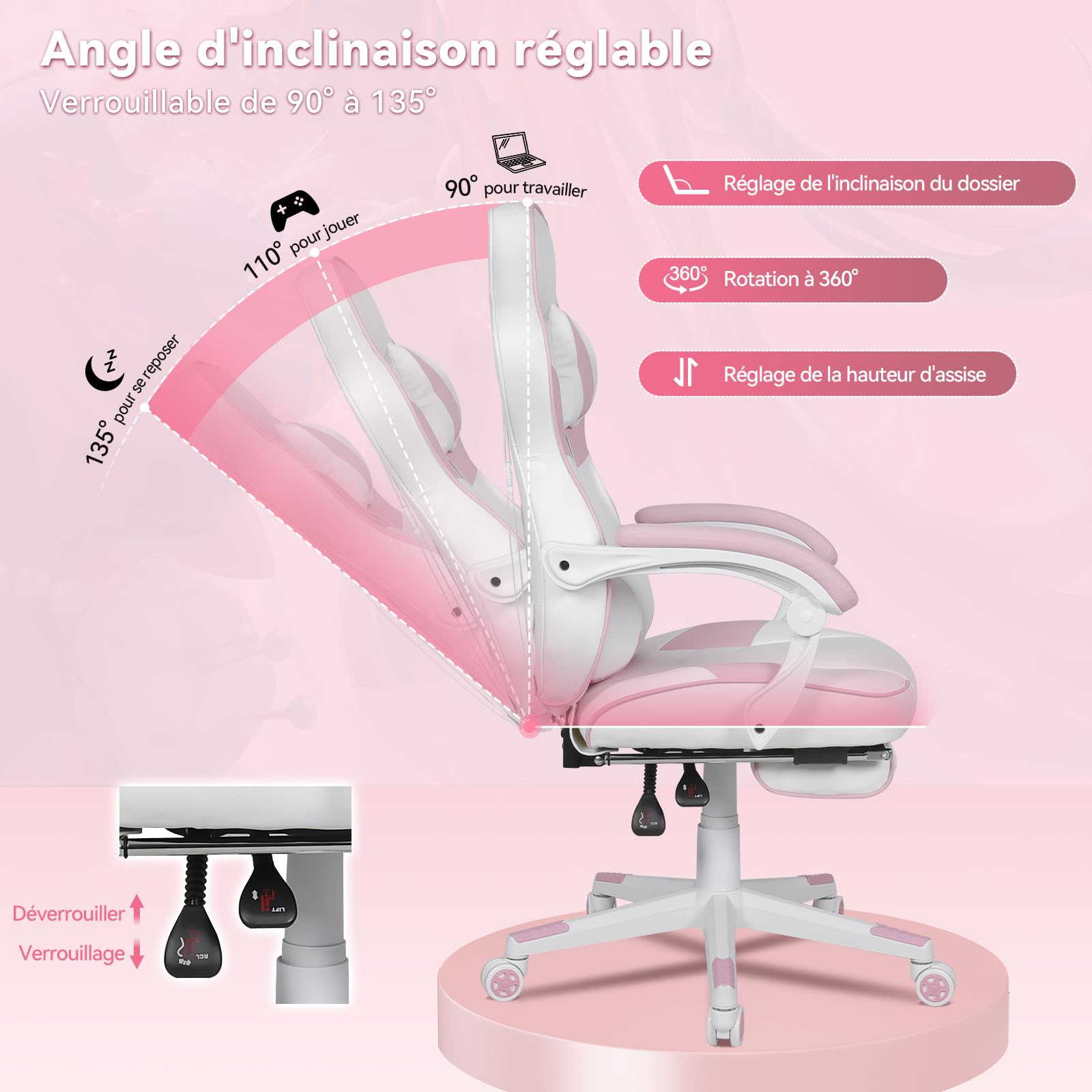 YOURLITE Fauteuil Gamer Rose avec Massage,Chaise Gaming Ergonomique,Blanc