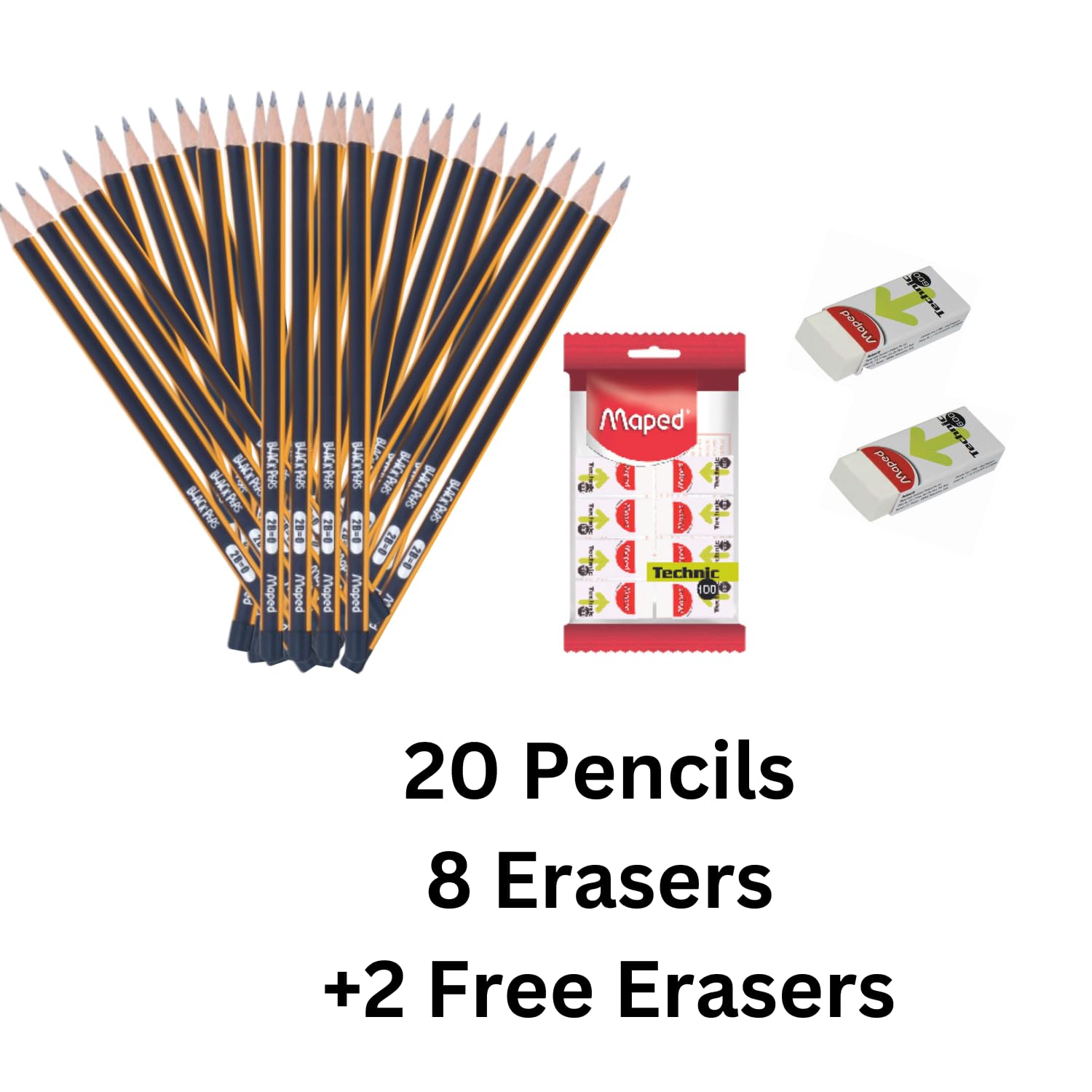 Maped 2B Bleistift-Set mit 2 x 10 Stück, Schreibstifte, Set enthält 20 Graphitstifte, 8 Radiergummis und 2 gratis Radiergummis innen, dreieckige Form für einfachen Halt, weich und extra dunkel, feine