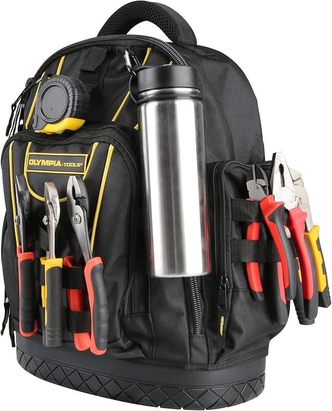 Mochila para herramientas Olympia Tools, base impermeable moldeada, correas acolchadas para los hombros, espalda acolchada transpirable para mayor comodidad