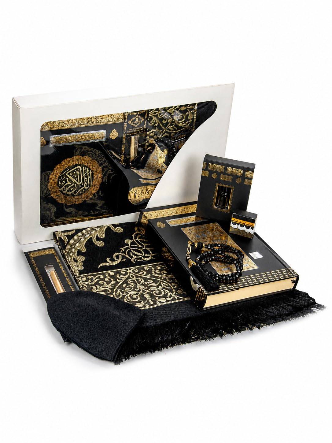 Caja de regalo islámica de lujo, juego de 7 piezas con cuentas de corán y oración Tesbih y alfombra de oración con diseño de Kaaba y palo Miswak y olor sólido y sombreros Kufi y Hacerül Esved