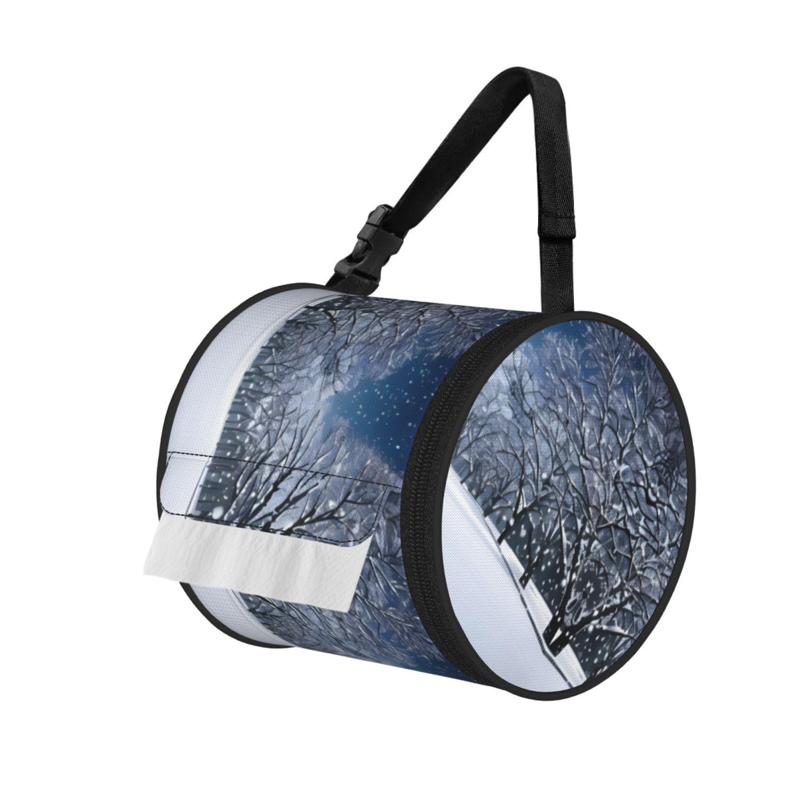 Jiuty Black Winter Snow Falling In The Park Print Cylinder Tissue Organizer Bag With Strap, Portable Toilet Roll Holder For Camping Car