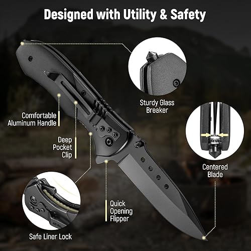 Miniatura 3 de KEXMO Cuchillo plegable de bolsillo, cuchillo táctico de bolsillo negro de hoja afilada de 3.46 pulgadas con clip, rompedor de vidrio, cuchillos EDC