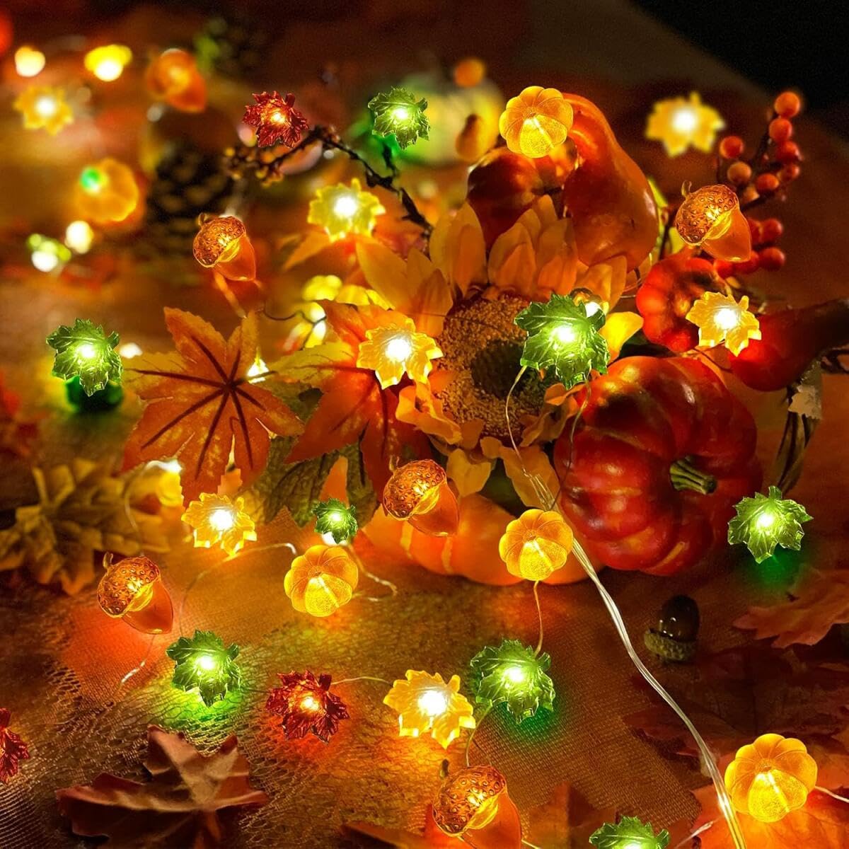 Aowin3D Pumpkin Maple Leaf String Lights,3 Meter 30 LED Fall Thanksgiving String Lights Pumpkin Decor,Thanksgiving Decoration lights,Pumpkin Maple Leaf Acorn String Lights for Indoor Outdoor