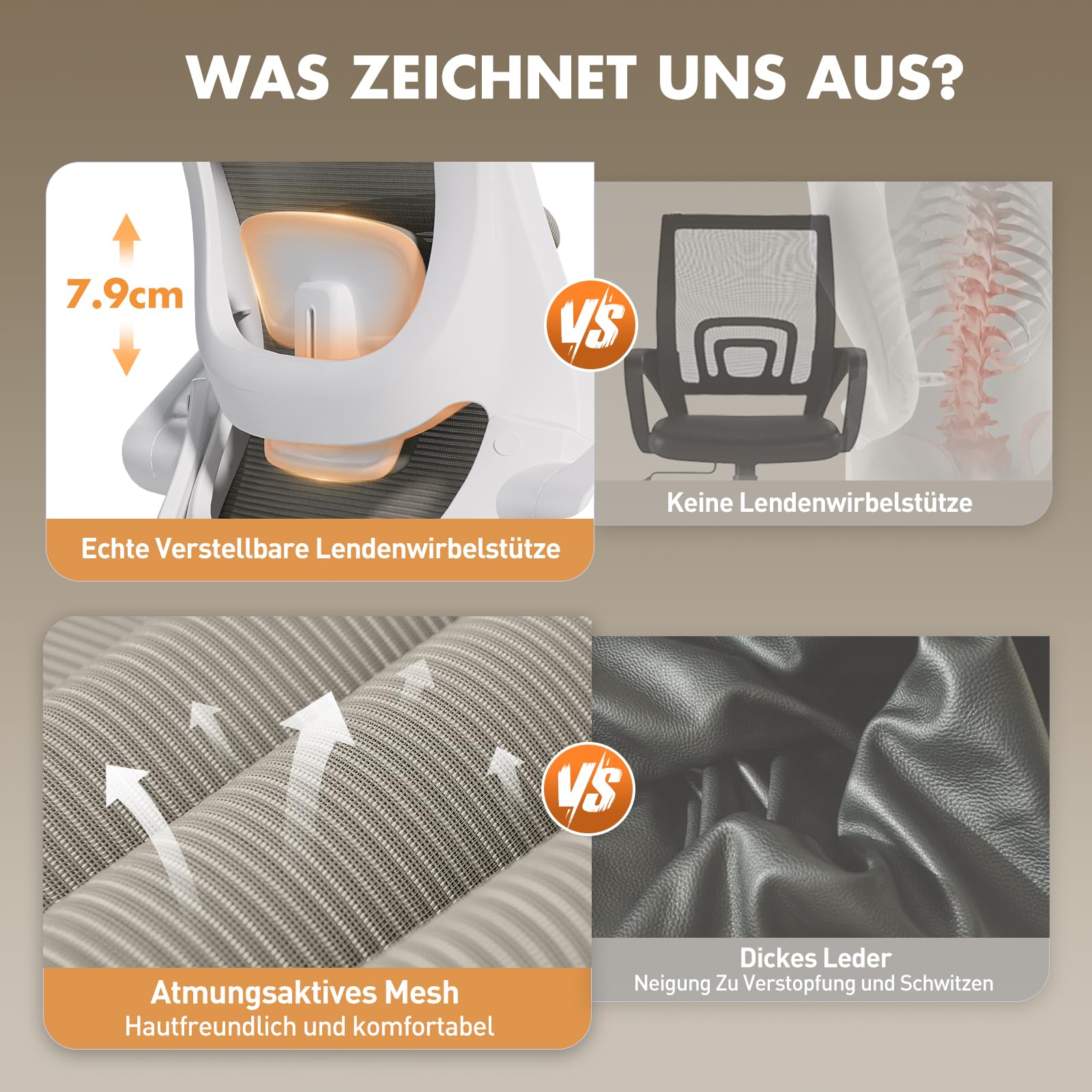 COLAMY Bürostuhl Mesh Computer Stuhl mit Verstellbarer Kopfstütze und Lendenwirbelstütze, Schreibtisch Ergonomischer Arbeitsstuhl mit hochklappbarer Armlehne, 140° Wippfunktion, Khaki