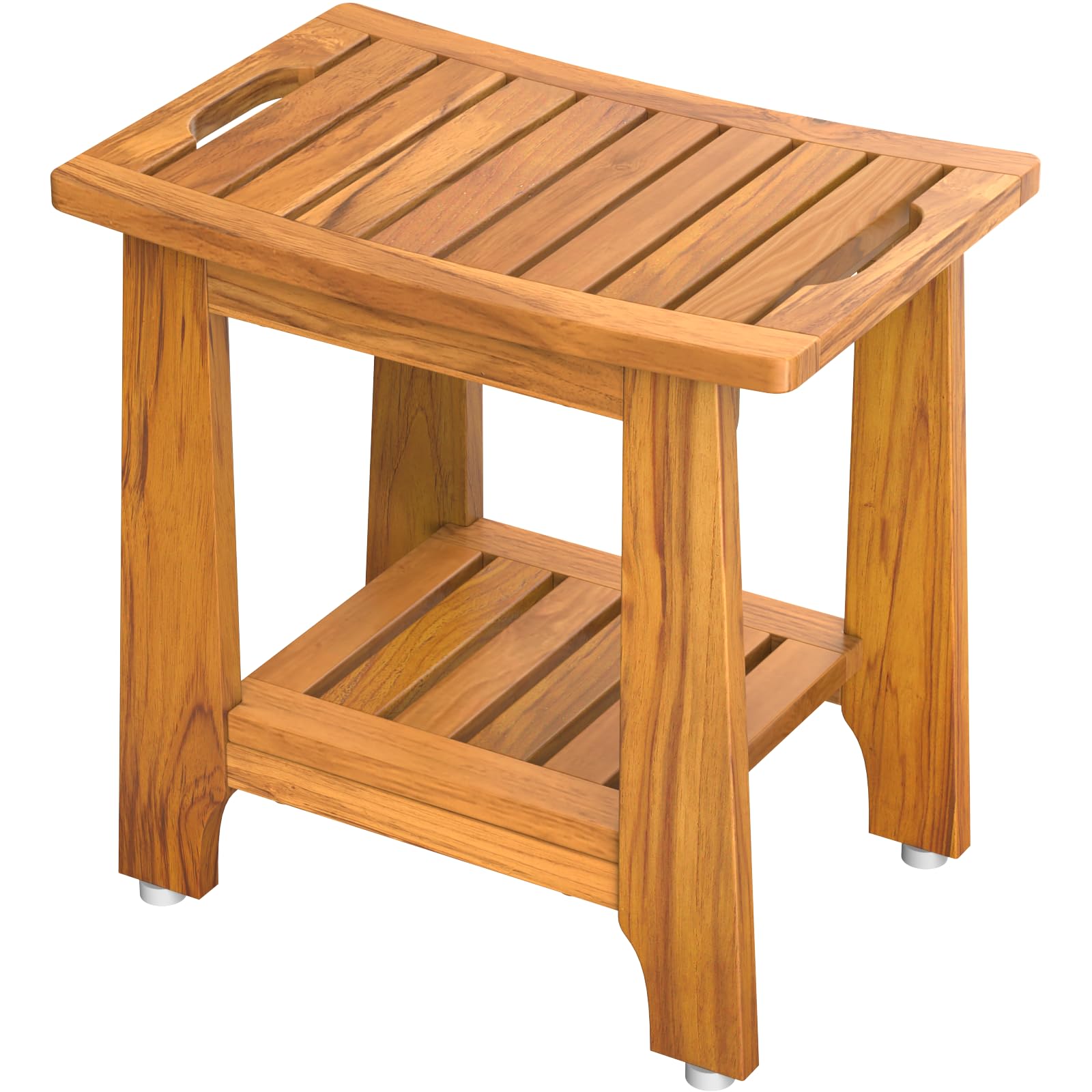 18" standard teak shower bench with shelf & handle - waterproof, non-slip bath stool, 300 lbs capacity - fits standard tubs/showers & outdoor use (patented)