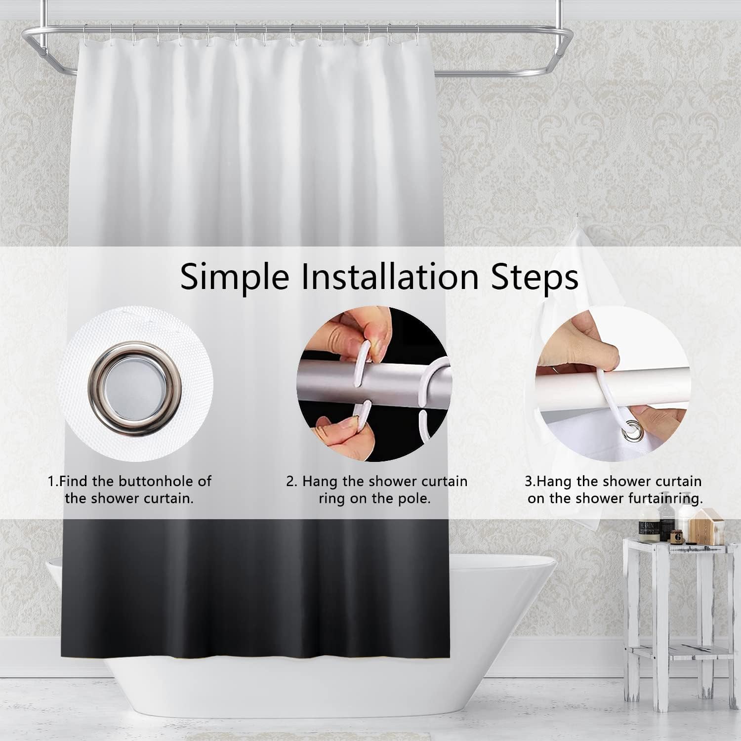 Ombre Fabric Shower Curtain for Bathroom Gradient White and Black Modern Simple Shower Curtain 72 x 72 Inch Polyester Waterproof Unique Tub Curtain Decorative with 12 Hooks