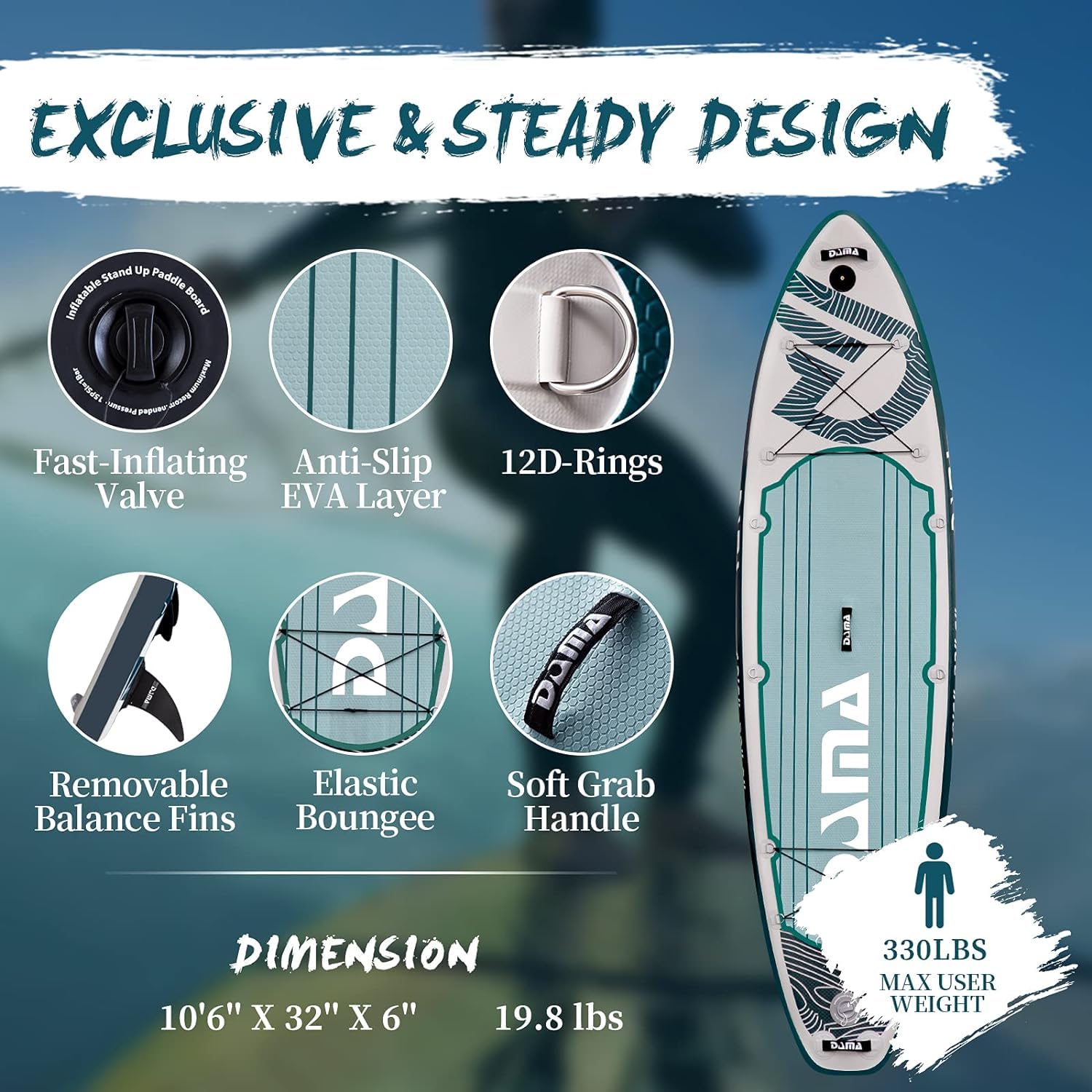 DAMA Adventure Gray Tabla de Paddle Surf Hinchable, Sup Paddle Board Inflable 320 x 81 x 15 cm, Antideslizante, hasta 145 kg, 3 Aletas, Remo, Bomba, Mochila, Correa de Seguridad y Funda Móvil