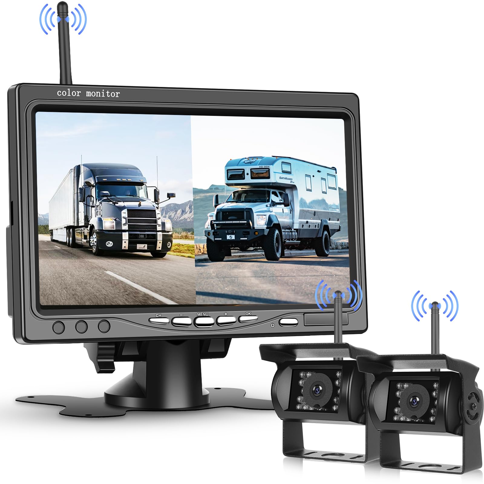 Hodozzy Kit 2 Telecamera Digitale di Retromarcia Senza Fili, 7 Pollici Monitor HD 1080P con 2 Telecamere, Visione Notturna Impermeabile, Telecamera Posteriore Wireless Auto per Furgoni/Camion/Camper