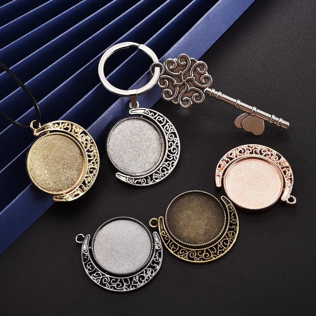 DROLE 60Pcs Moon Rotation Pendant Trays Kit-20Pcs 25mm Double Side Cabochon Setting and 40Pcs 25mm Rond Glass Cabochons for Jewelry Making DIY Crafts 5 Colors