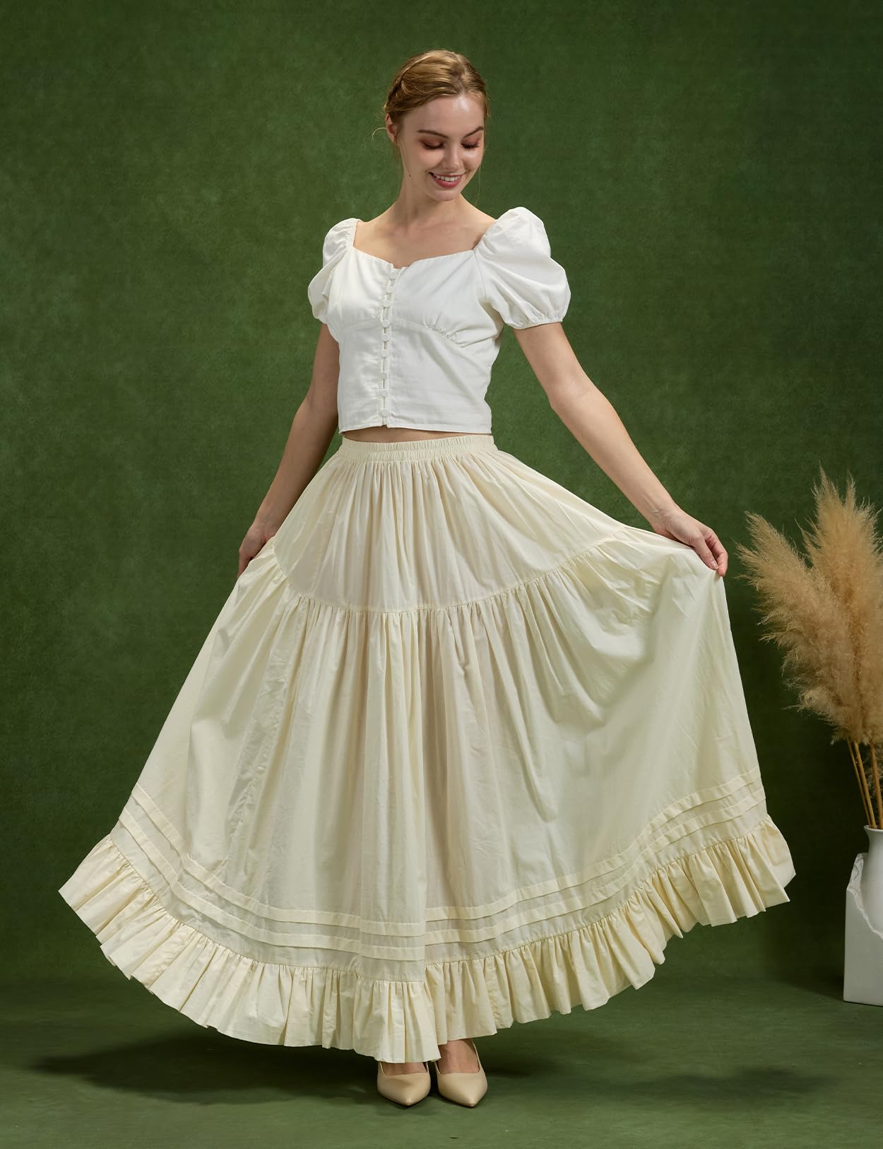 BEAUTELICATE Sottogonna Cotone Lunga Retro A-Linea Sottoveste Voluminoso con Volant Vita Alta Maxi Gonna per Costumi Edoardiana Medievali Bianco Beige