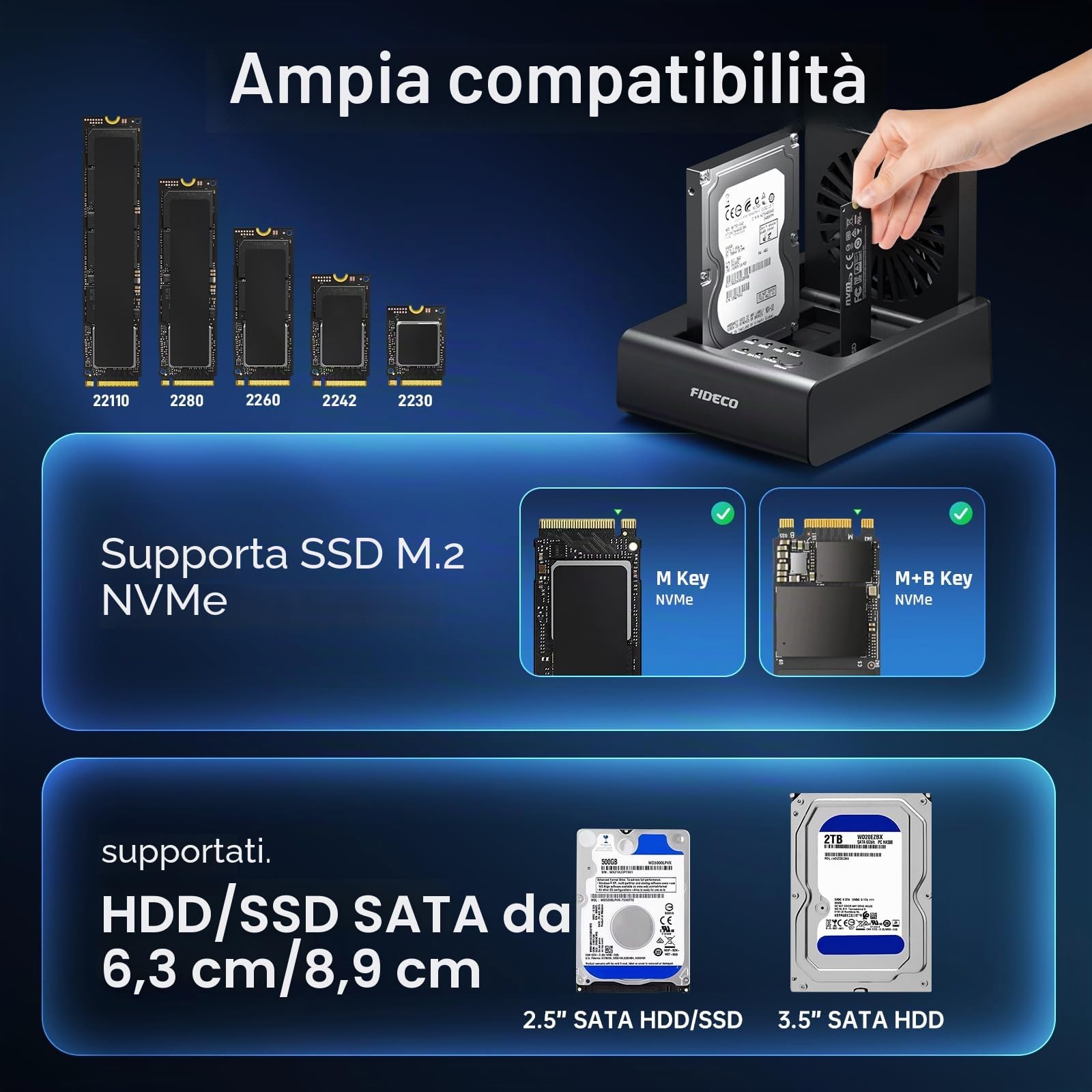 FIDECO Docking station per dischi rigidi HDD, USB C 10 Gbps M.2 NVMe SSD/5 Gbps SATA HDD con clonazione bidirezionale offline, lettore di dischi rigidi SSD con ventola ribaltabile