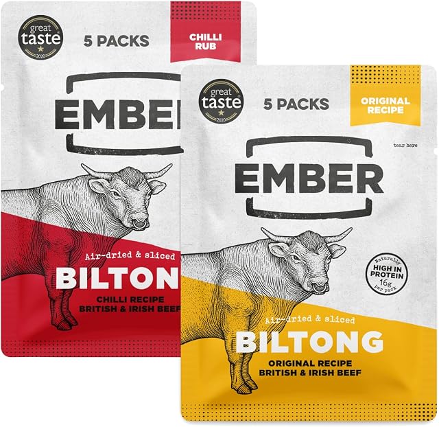 Ember Snacks - Biltong Beef Jerky - Protein Keto Snacks, Gluten Free, Original & Chilli Flavour, 28g x 10 Bags - from British and Irish Beef