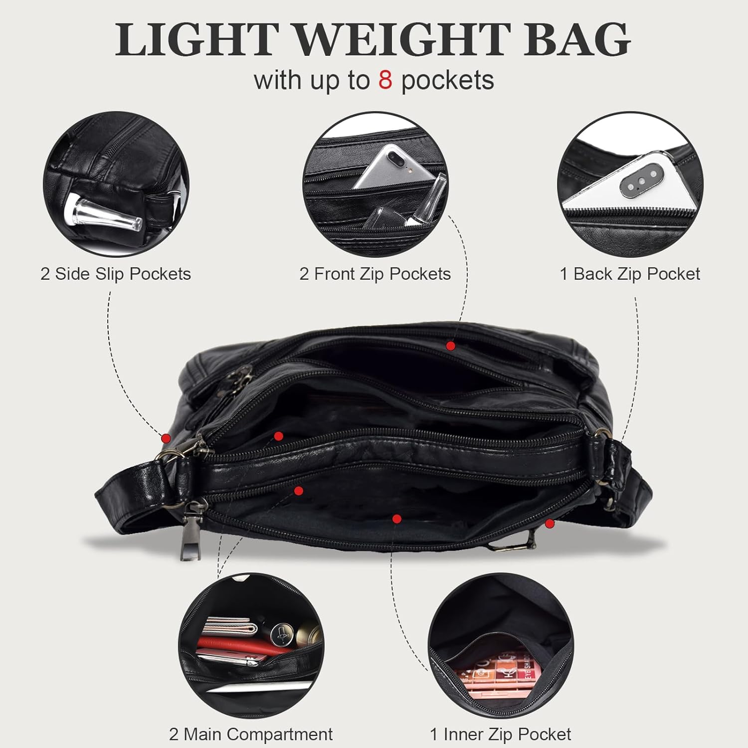 WITERY Crossboby Bag for Women - Soft PU Leather Multi-Pocket Shoulder Handbags Pocketbooks Medium Sized Bag Small Purses - Image 6