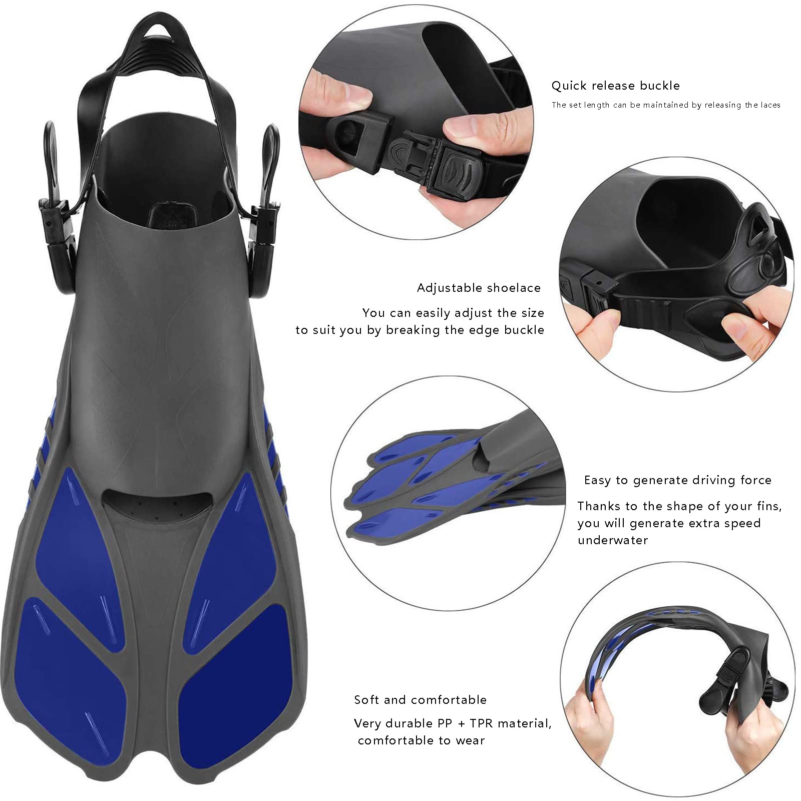 Aletas de buceo ajustables cortas para natación y piscina Snorkeling con bolsa para adultos para hombre y mujer, tacón abierto (azul, S)