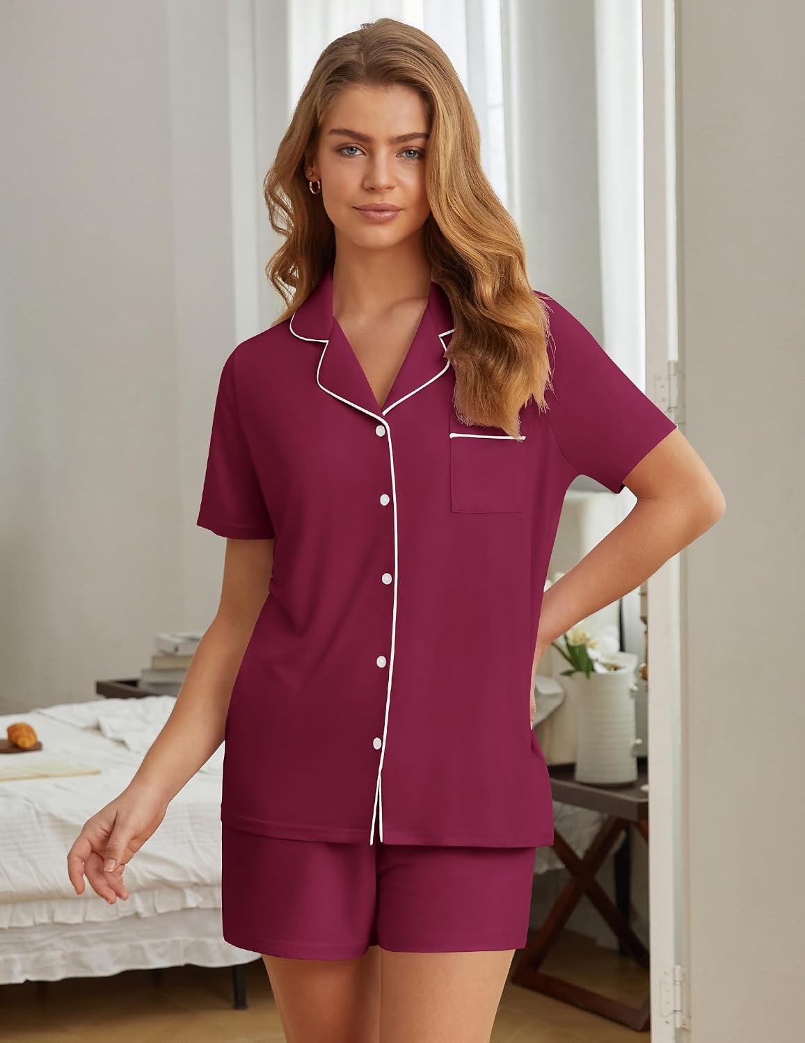 Womens Pajama Sets Summer Pjs Short Sleeve Button Down Top and Shorts Bride Sleepwear 2 Piece Comfy Lounge Set S-XXL image 2