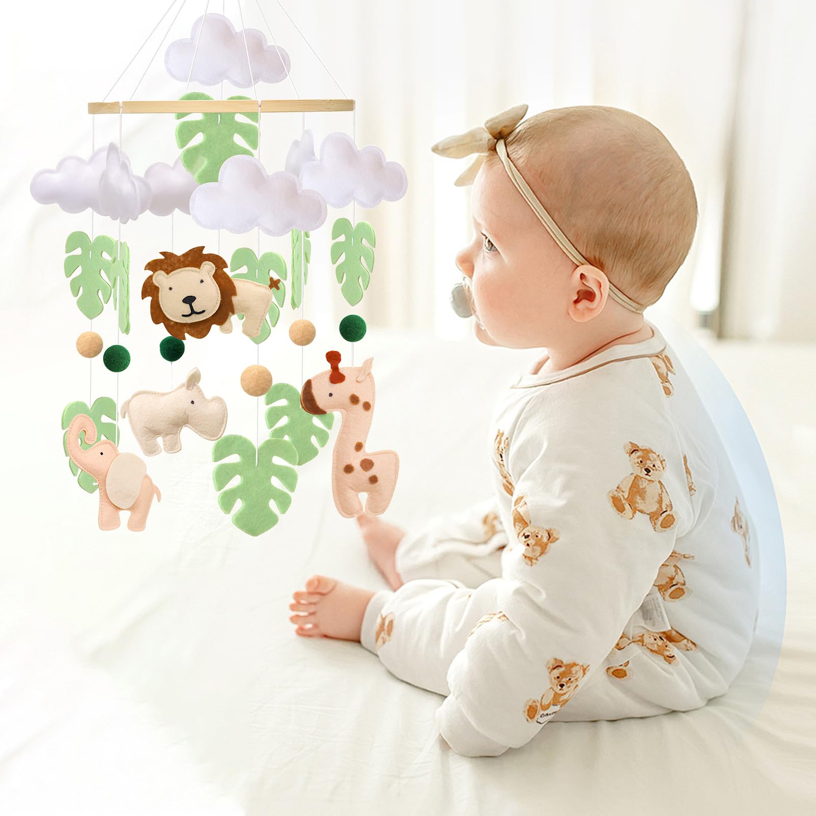 Baby Mobile - Campana da letto per lettino - Jungle Animal Baby Mobile con leone, elefante, giraffa e ippopotamo, giocattolo rilassante per la cameretta dei bambini, regalo per neonati (animale)