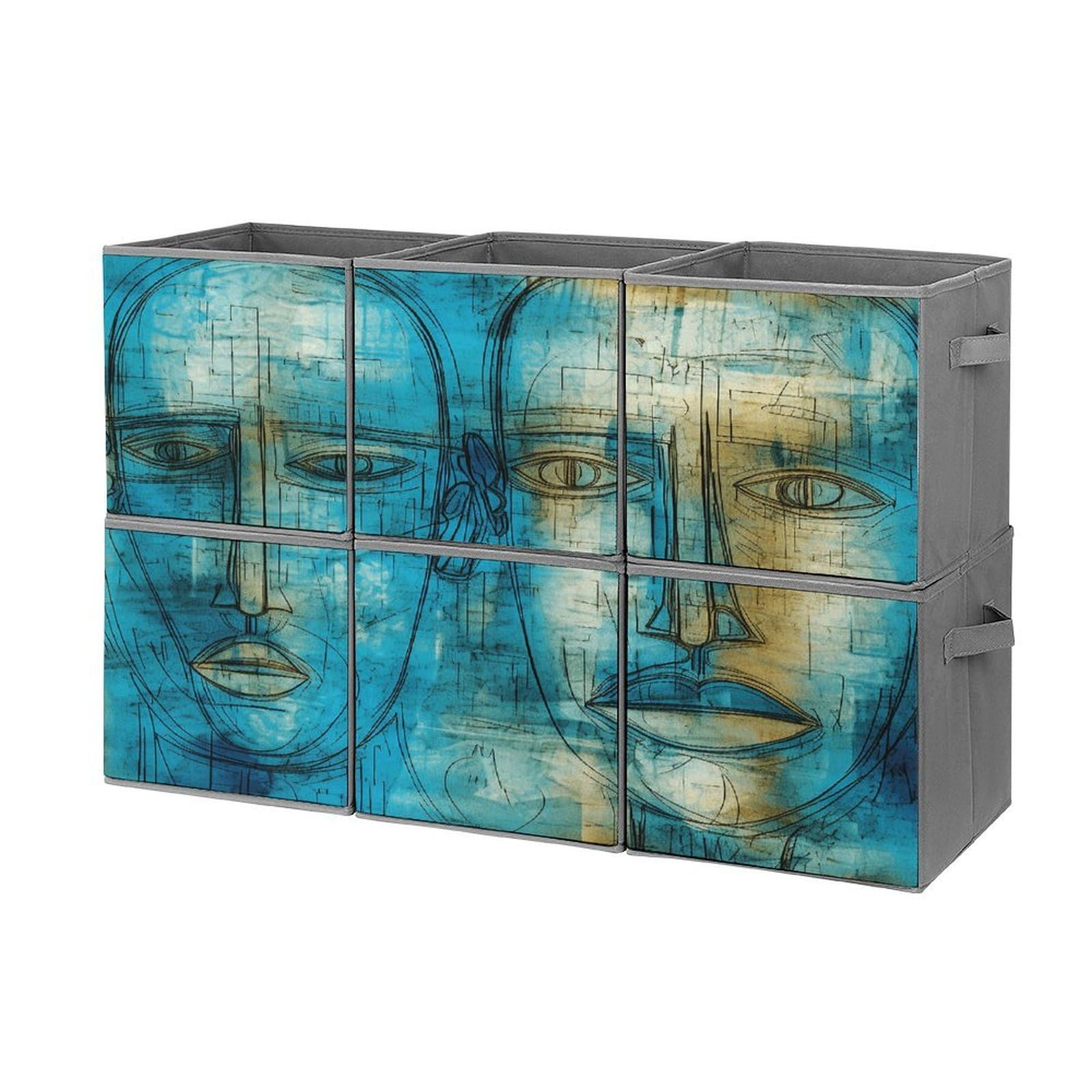 Btcowzrv Style Hand Drawn Emoticons Storage Cubes, 6 Pack Oxford Fabric Foldable Collapsible Bins With Handles, Cubby Storage Baskets Boxes For Closet Shelves Office Organization