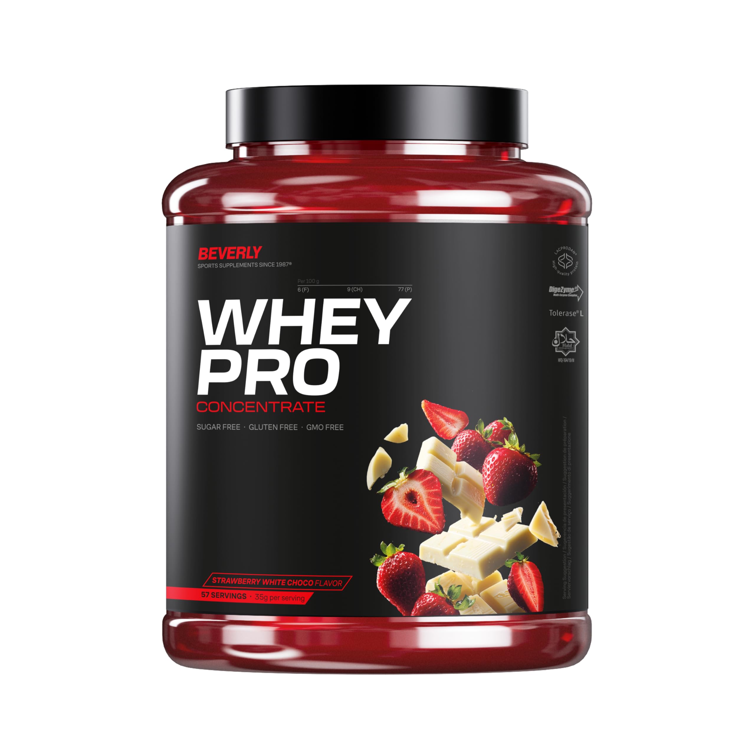 Beverly Whey Pro - Concentré de protéines de lactosérum - 2 kg - 28 g de protéines par portion - 58 portions - Tonifie et augmente la masse musculaire (2 KG, FRAISE CHOCOLAT BLANC)