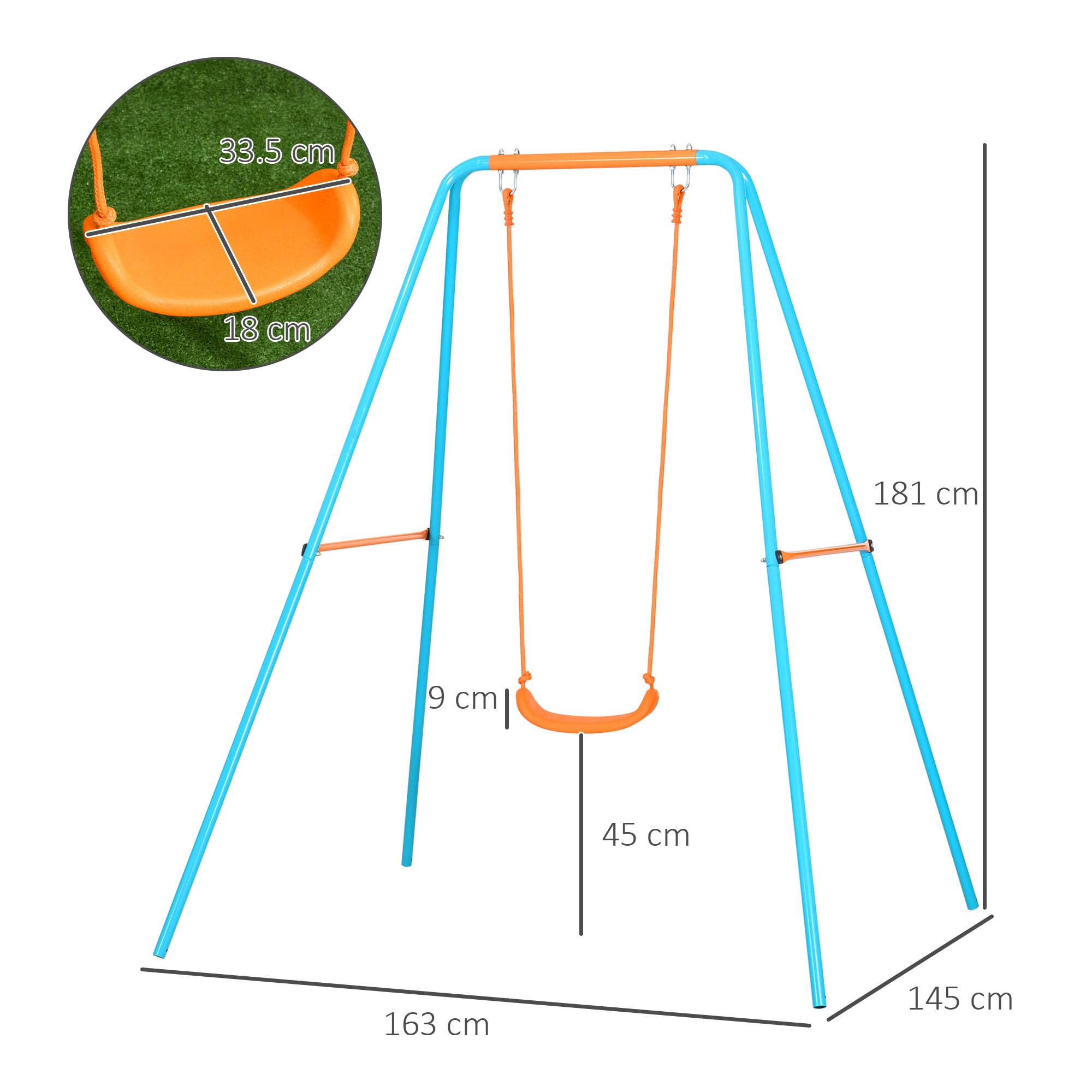 Outsunny Altalena da Giardino con Seggiolino e Picchetti, in Acciaio per Bambini 3-8 Anni, 163x145x181cm, Blu e Arancione