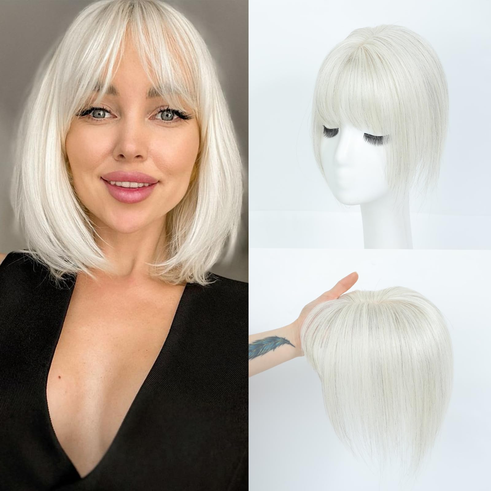 JANATOUCH Hair Toppers For Women Real Human Hair Short Length 10 Inches Topper For Slightly Loss And Covering Gray 7 * 11 French Style Bangs Platinum