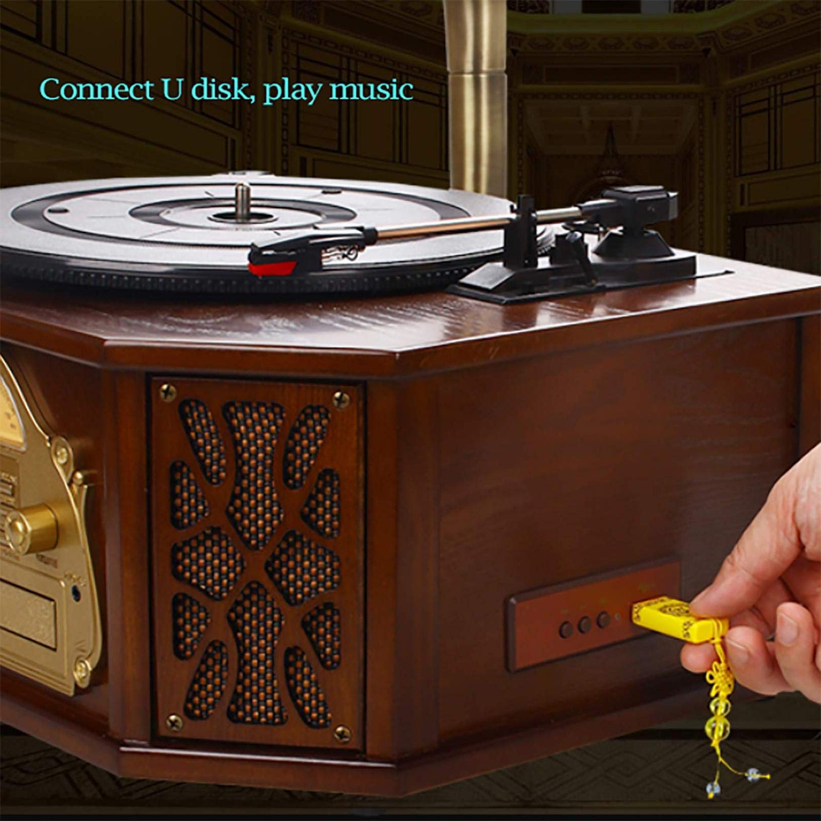 Przenośny gramofon z napędem pasowym z wbudowanym subwooferem do odtwarzania muzyki retro