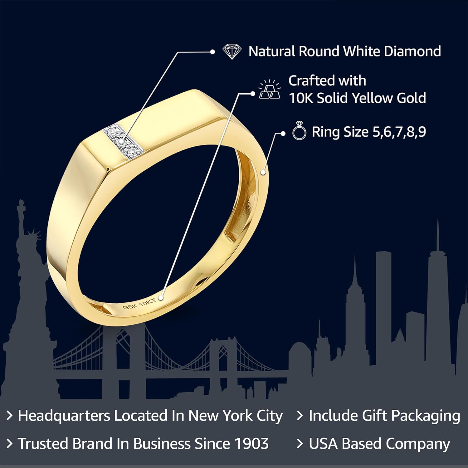 Gem Stone King Men's Custom Engraving Lazer Cut 10K Solid Yellow Gold White Diamond Wedding Anniversary Ring for Men | Available In Size 7, 8, 9, 10, 11, 12, 13