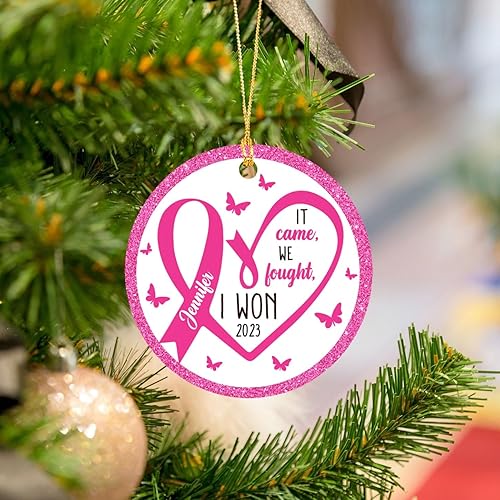 Miniatura 2 de Adorno de Navidad personalizado de sobreviviente de cáncer, con texto en inglés "It Came We Fought I Won", adorno de Navidad personalizado con