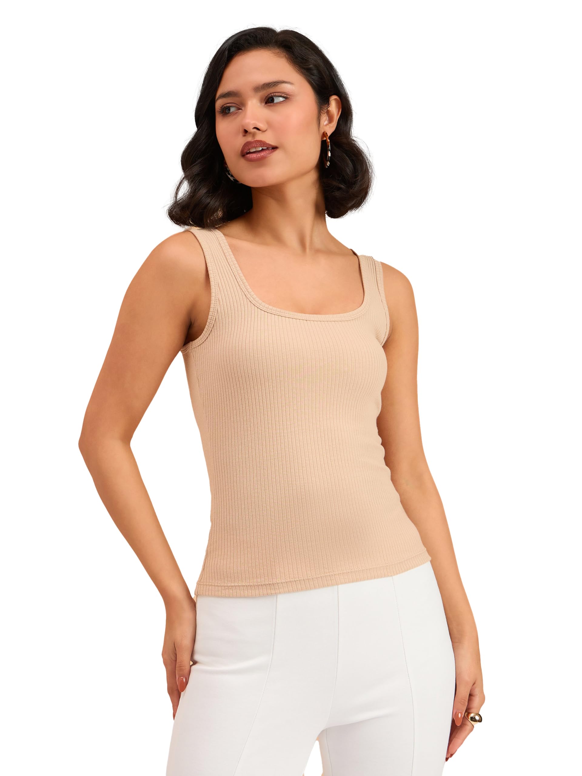 Beige Ribbed Square Neck Tank Top-image-31