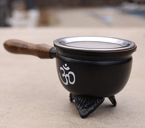 Quemador de incienso de carbón de metal grande con mango de madera (Om)