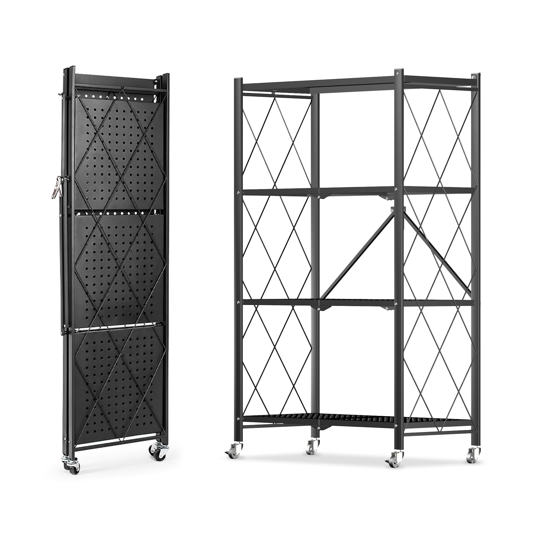 Klappbares Regal mit Rollen Küchenregal stehend 4 Etagen Standregal Metallregal Schwarz 71x34x121cm Klappbares Regal Lagerregal für die Küche Büro Wohnzimmer 1 Set