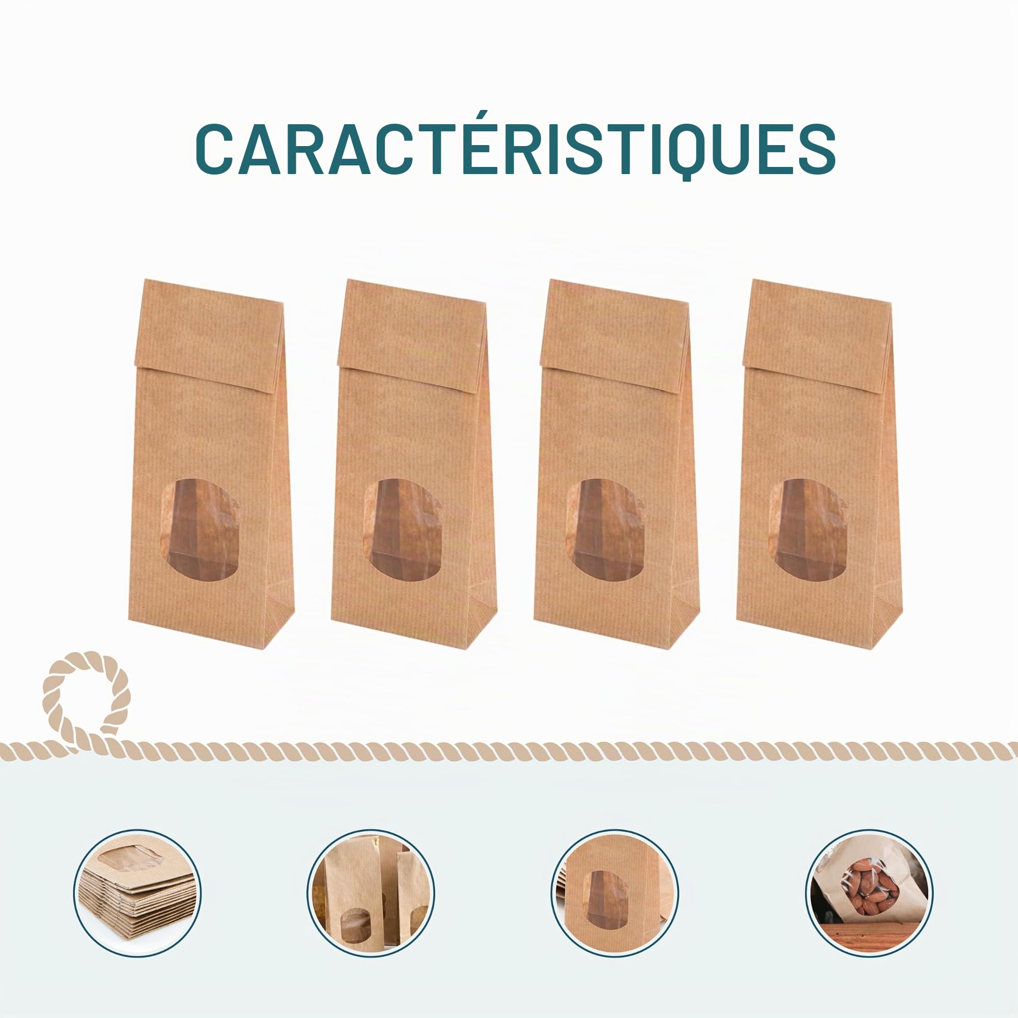 Sachets kraft avec fenêtre transparente, 100 pièces: petit sac papier cadeau fond plat, sachet alimentaire pour bonbons, thé épices, pochette emballage mariage & baptême, 7 x 4 x 20,5 cm