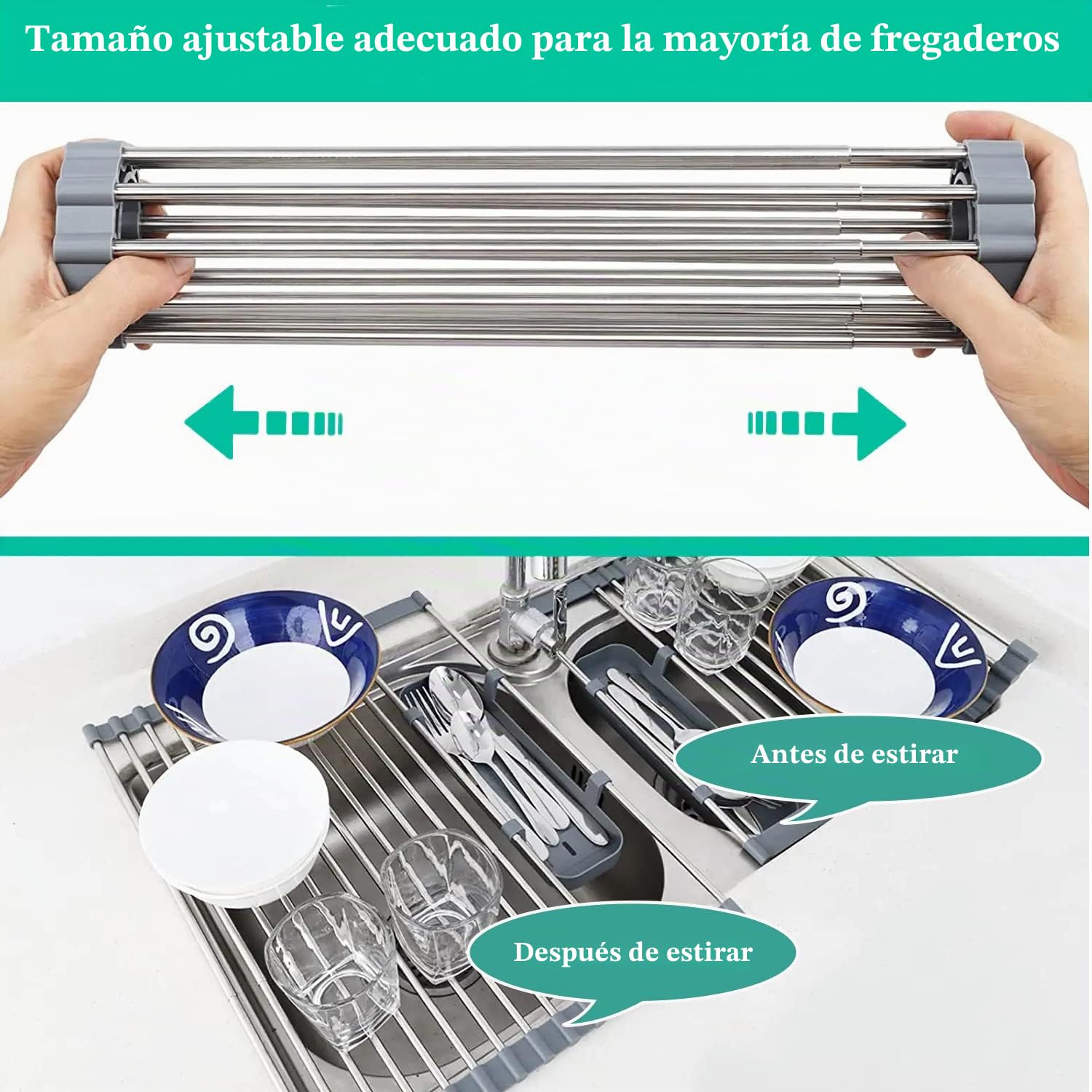Puede expandir el Fregadero de la Cocina de la Bandeja de Secado de la Bobina por Encima de 12.6"-23.3", el Estante de Secado del Fregadero, el Drenaje del Carrete de Acero Inoxidable (Gris)