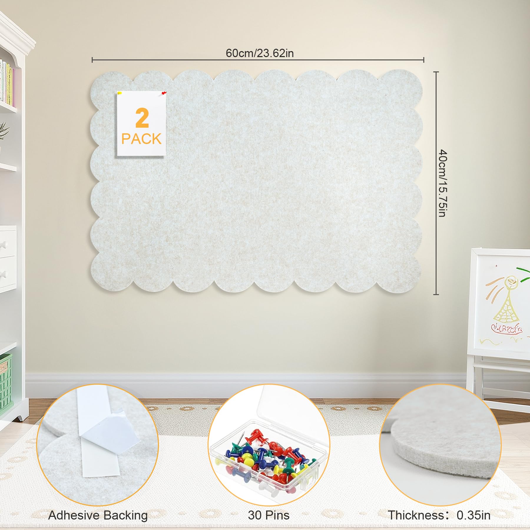 Lot de 2 grands tableaux d'affichage en feutre à bord ondulé panneau de liège avec 30 épingles - 60 x 90 cm - Tableau mémo décoratif DIY avec dos auto-adhésif pour murs - Marron clair