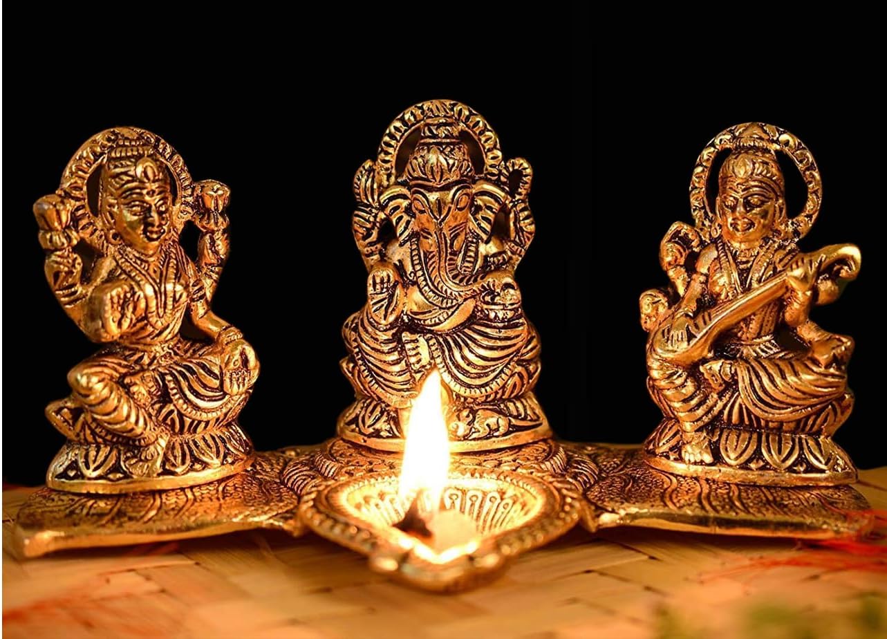 Zig Zag Lod Laxmi Ganesh Saraswati Ji Antique Metal Idol with Diya for Showpiece, Pooja Room, Mandir, Home Office Decor Decorative Hindu God Religious Sculpture (Golden, Size- 4 Inches)