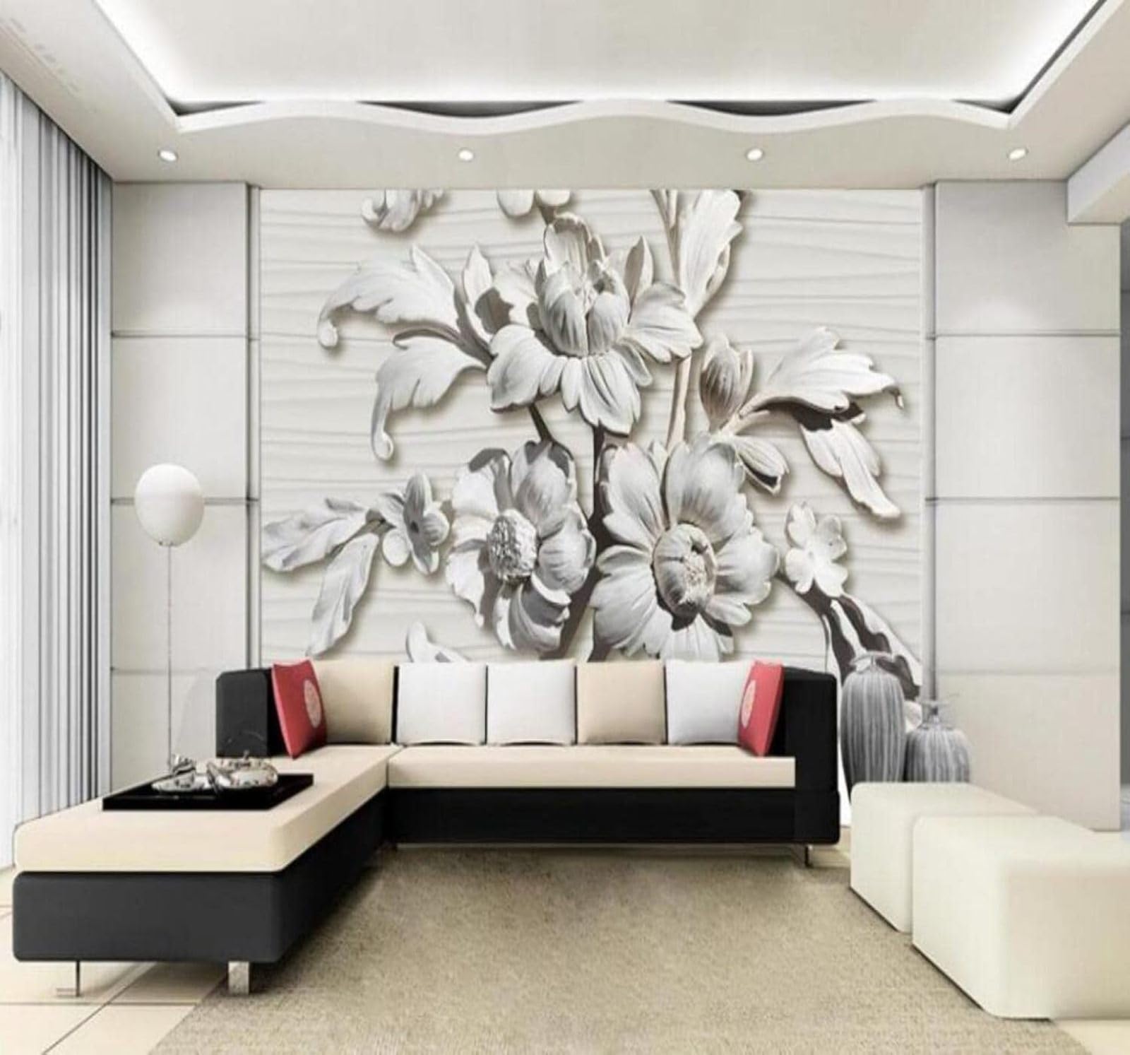 Xlming 400Cm×280Cm(B×H) Relief Three Dimensional Carving Floral Art 3D Wallpaper Luxury Silk Study Dining Feature Sofa Grey Bedroom Living Room Tv Decorative Wall-400Cm×280Cm