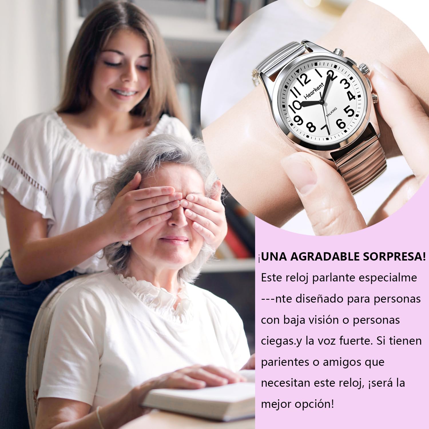 Hearkent Reloj parlante en español para Mujer con Correa expansible, Dice Hora, Semana y Fecha, Regalo práctico para Personas ciegas, Mayores o con discapacidad Visual
