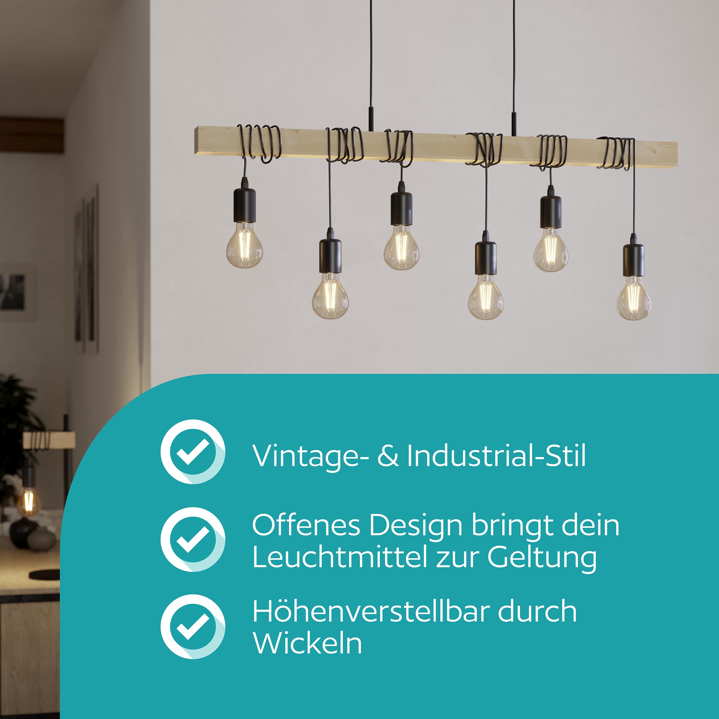 EGLO Pendellampe Townshend 6 flammige Vintage | Pendelleuchte im Industrial Design, Retro Hängelampe aus Stahl und Holz, Farbe Schwarz, braun, FSC zertifiziert, E27