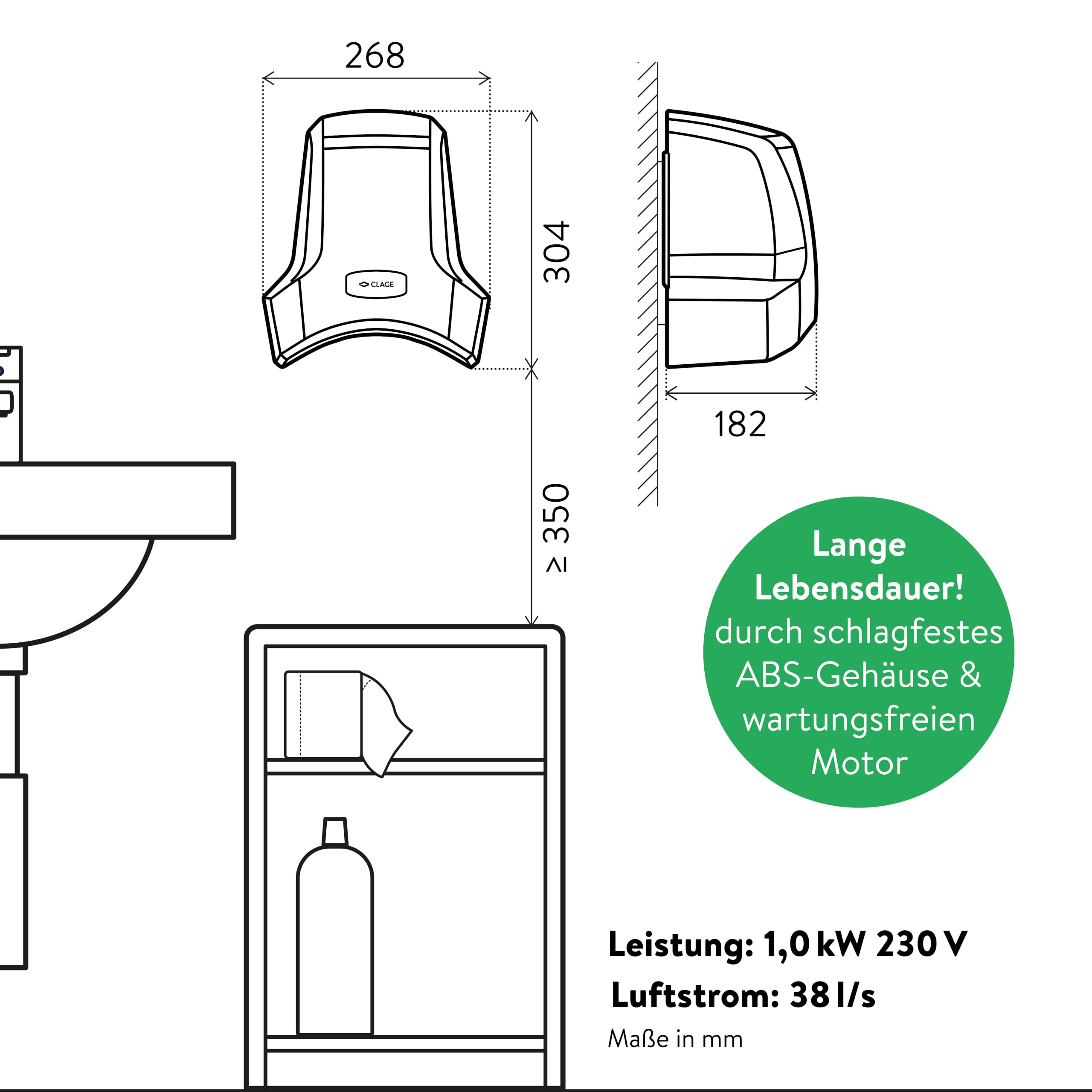 CLAGE WHT Warmlufthändetrockner – Hygienischer & energieeffizienter Händetrockner mit Warmluft – Leistungsstark, geräuscharm & langlebig – Perfekt für Büro, Gastronomie & öffentliche Bereiche