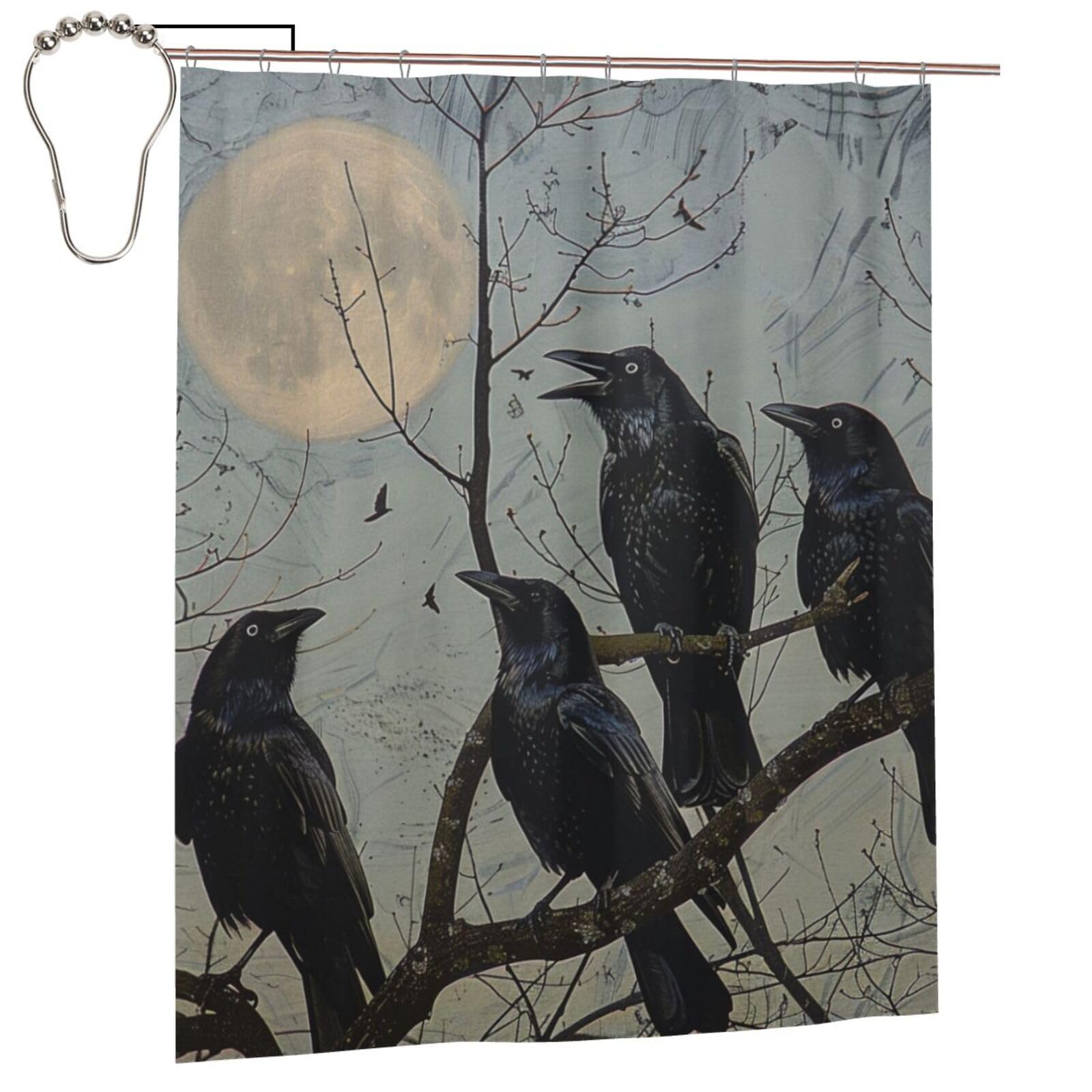 BWWHCCTI Black Crow Birds Printed Shower Curtain With 12 Iron Hooks Opaque Quick Drying Waterproof Shower Curtains Sets For Bathroom 152x183 Cm